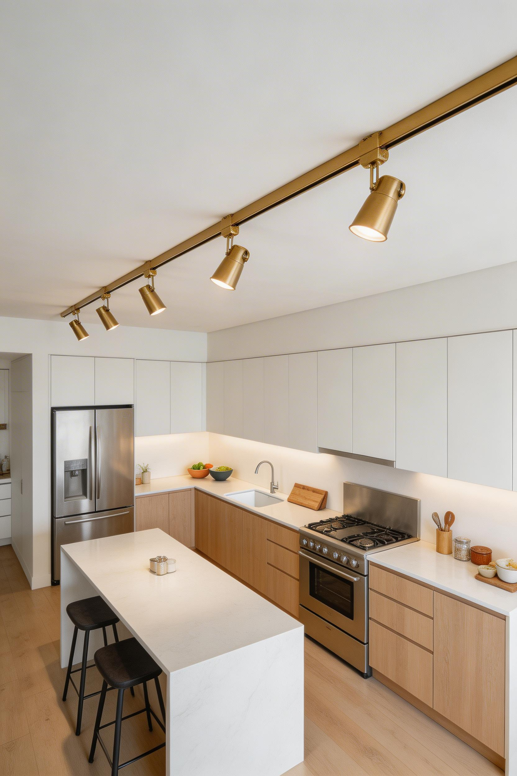 Kitchen lighting ideas for flexible spaces — track lighting with adjustable heads lets you direct light to different zones as your kitchen use changes.