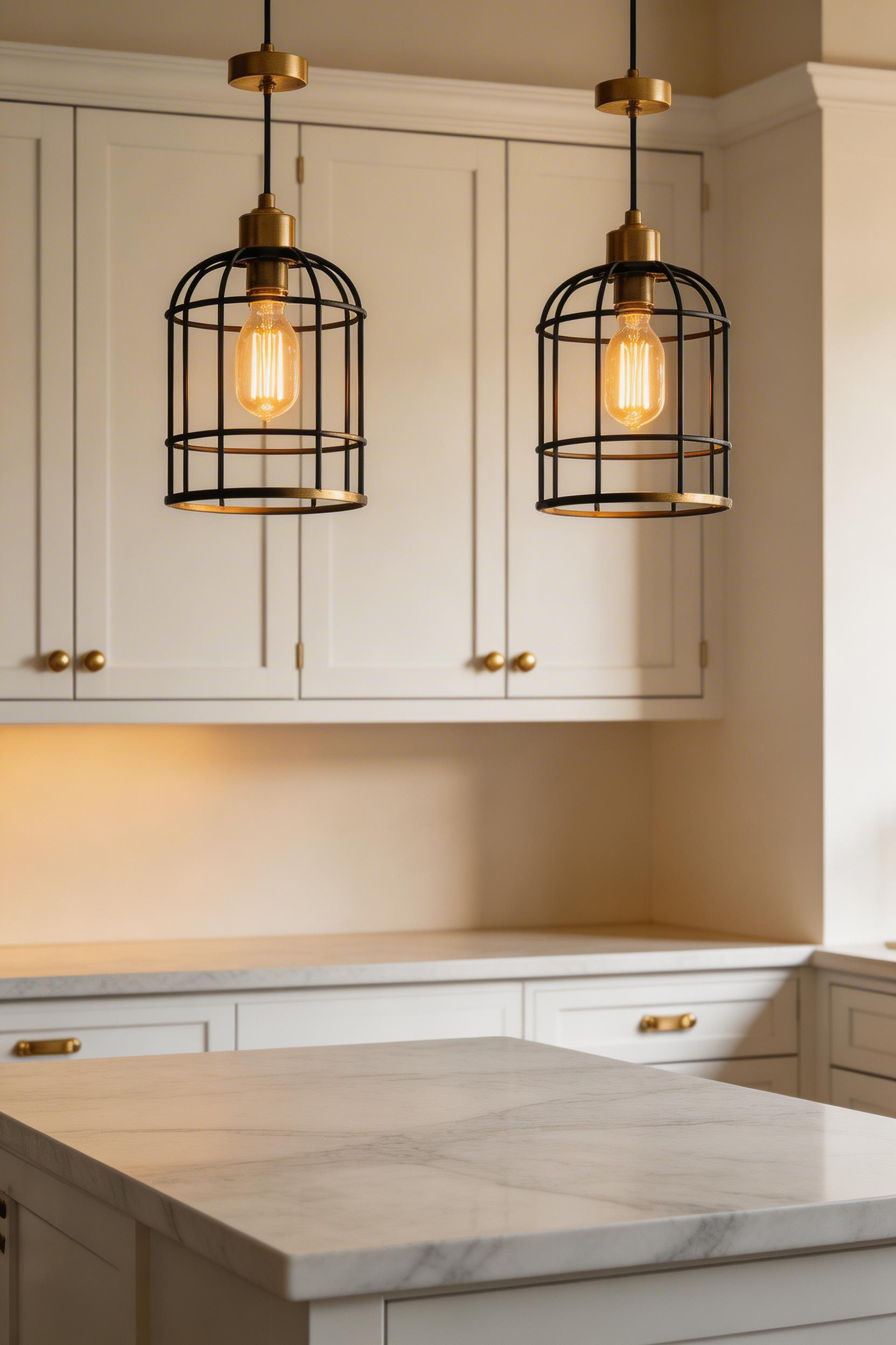 Matched brass Edison cage pendants over marble island—a cohesive kitchen lighting ideas approach showing how one vintage style repeated creates intentional design rather than eclectic chaos.