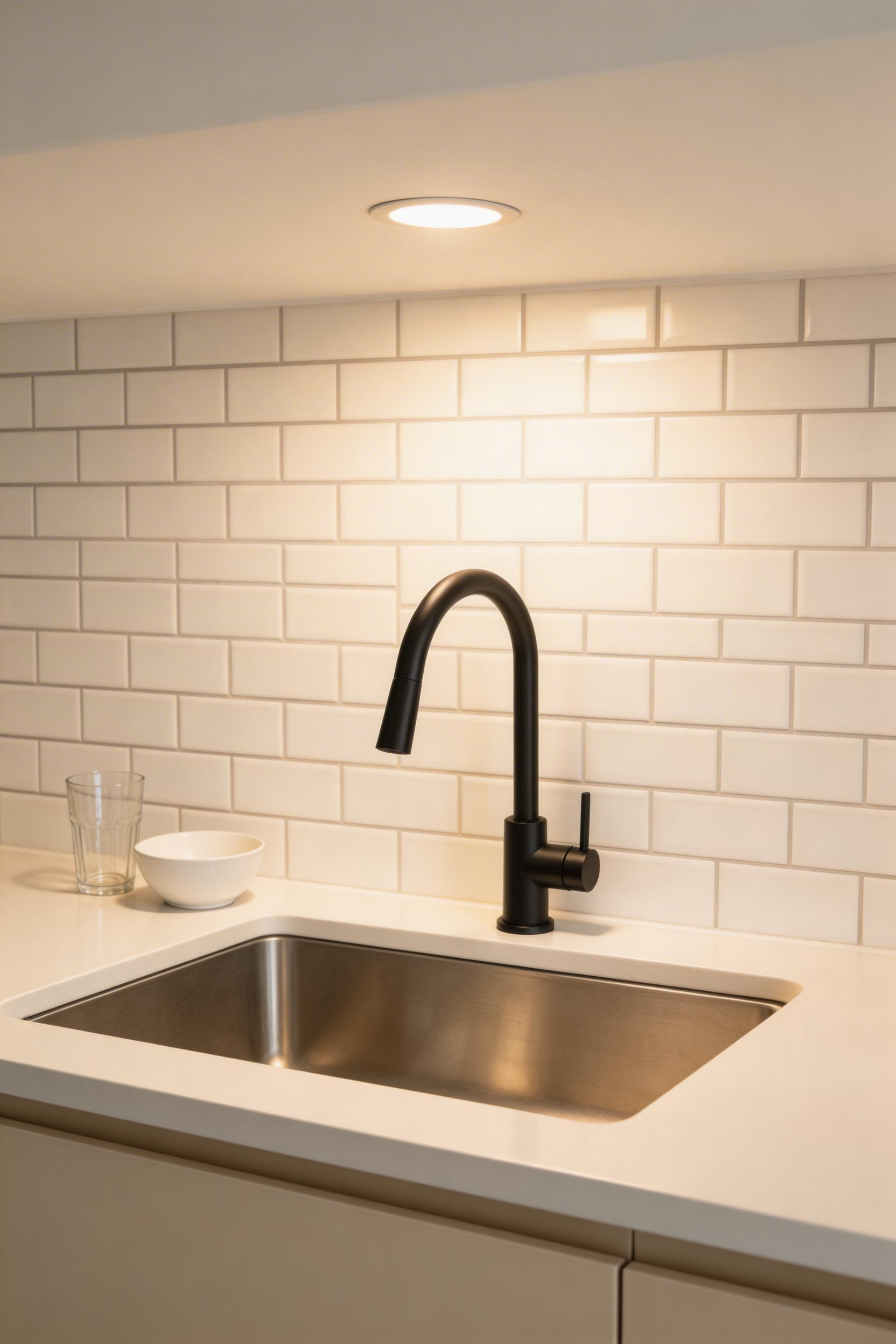 Recessed light positioned directly over the sink work zone—the essential kitchen lighting ideas setup that provides proper task lighting and eliminates shadows during food prep and dishwashing.