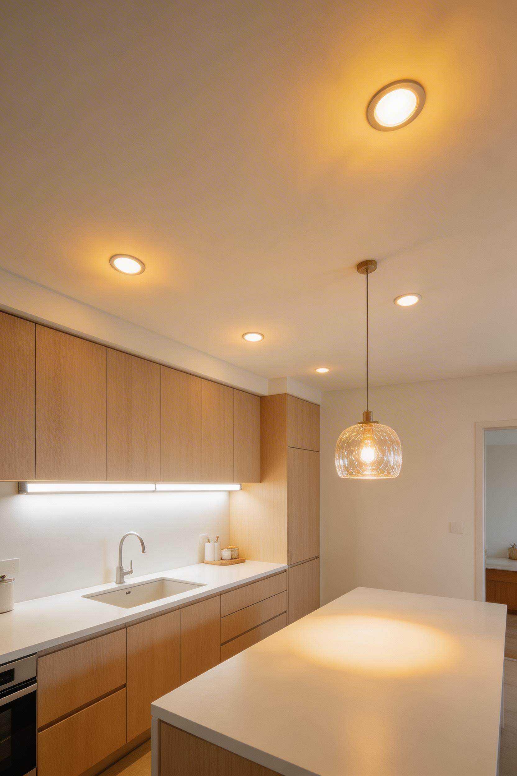 Three-layer kitchen lighting ideas working in harmony: ambient, task, and accent create a functional and beautiful workspace.