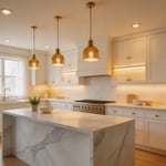 A layered kitchen lighting scheme with pendant lights, recessed ambient lighting, and under-cabinet LED strips — the three layers that make a kitchen feel intentionally designed.