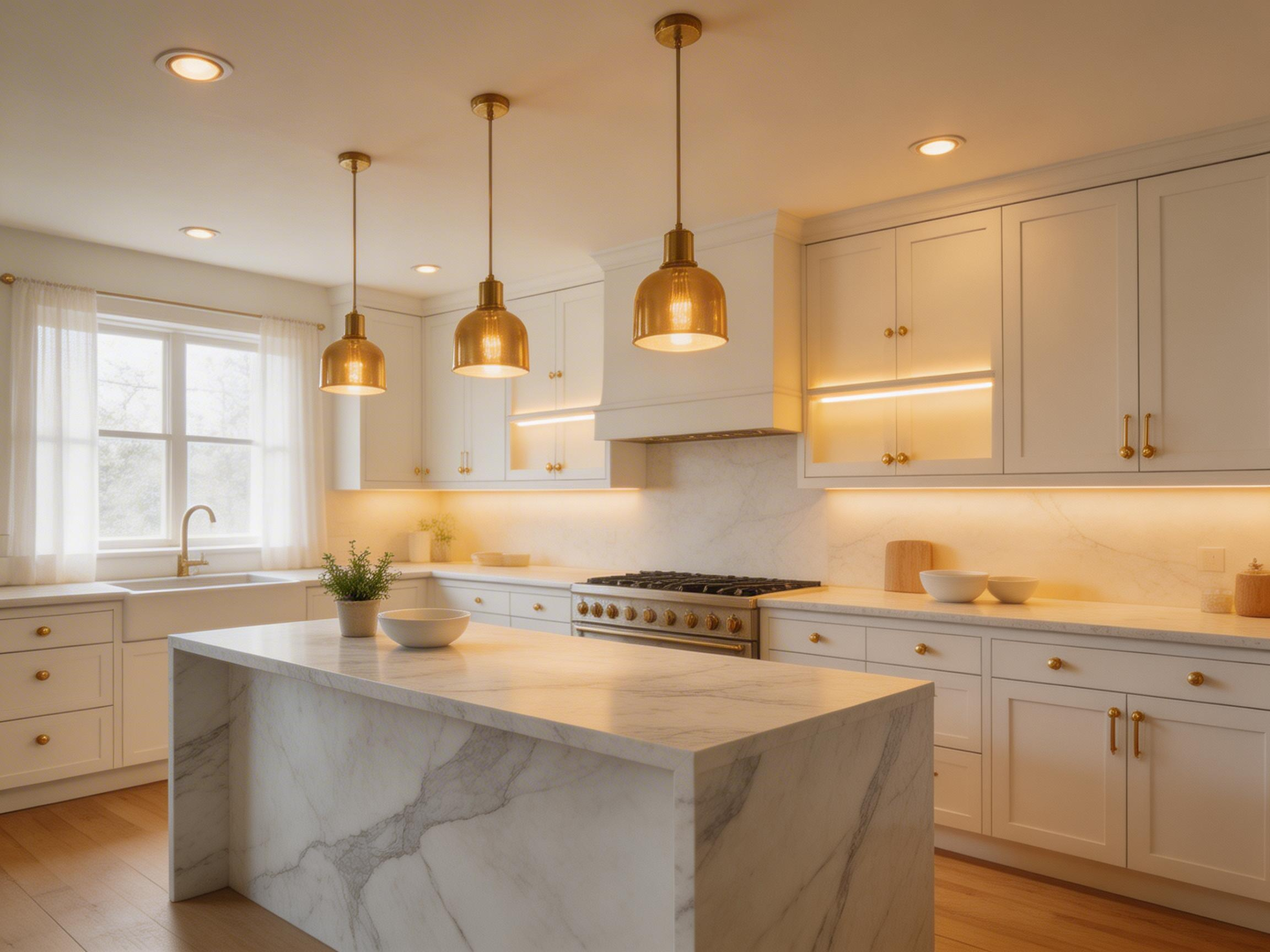 A layered kitchen lighting scheme with pendant lights, recessed ambient lighting, and under-cabinet LED strips — the three layers that make a kitchen feel intentionally designed.