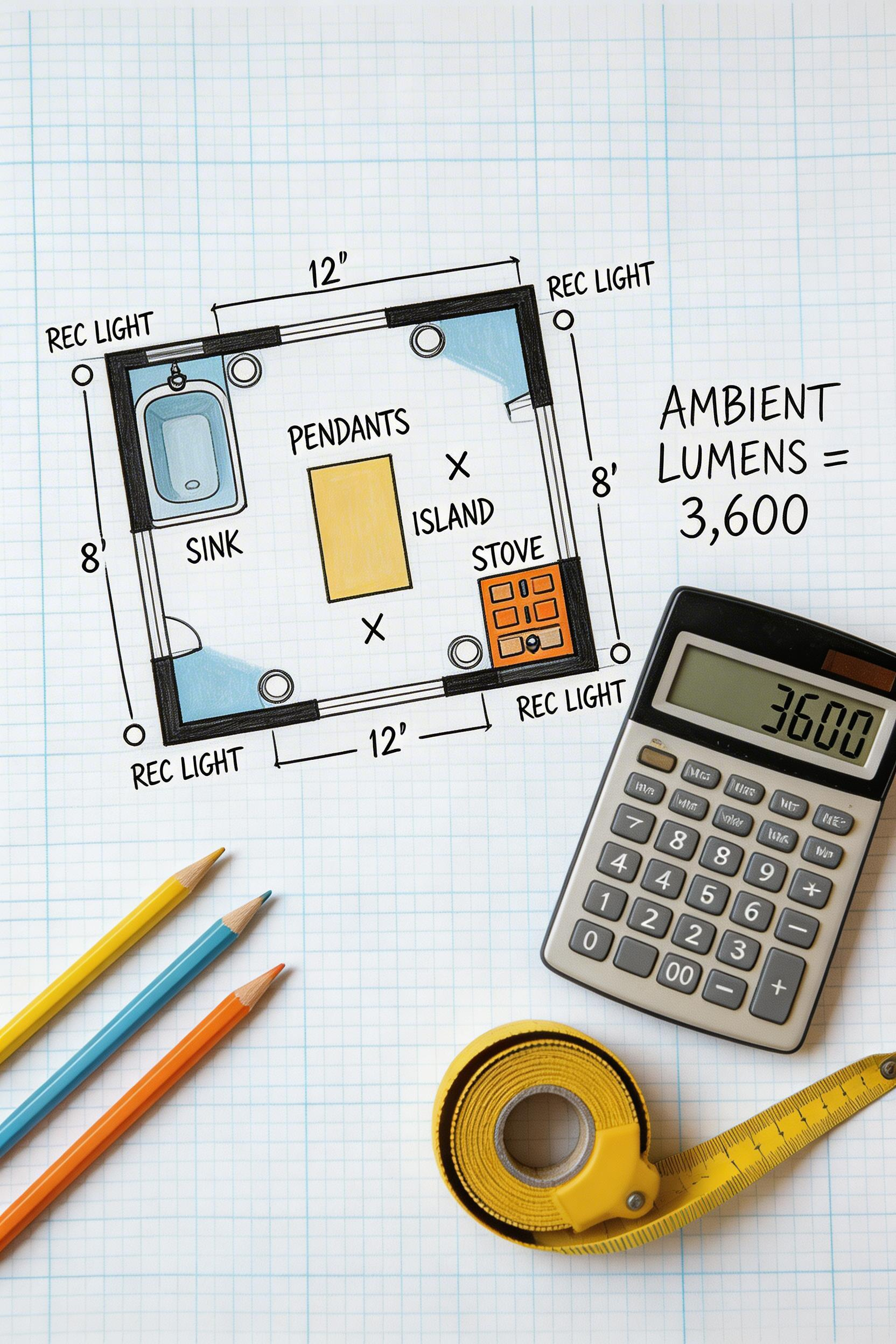 Kitchen floor plan sketch showing task zone lighting placement—the foundational kitchen lighting ideas planning that prevents costly fixture mistakes and ensures proper light coverage.