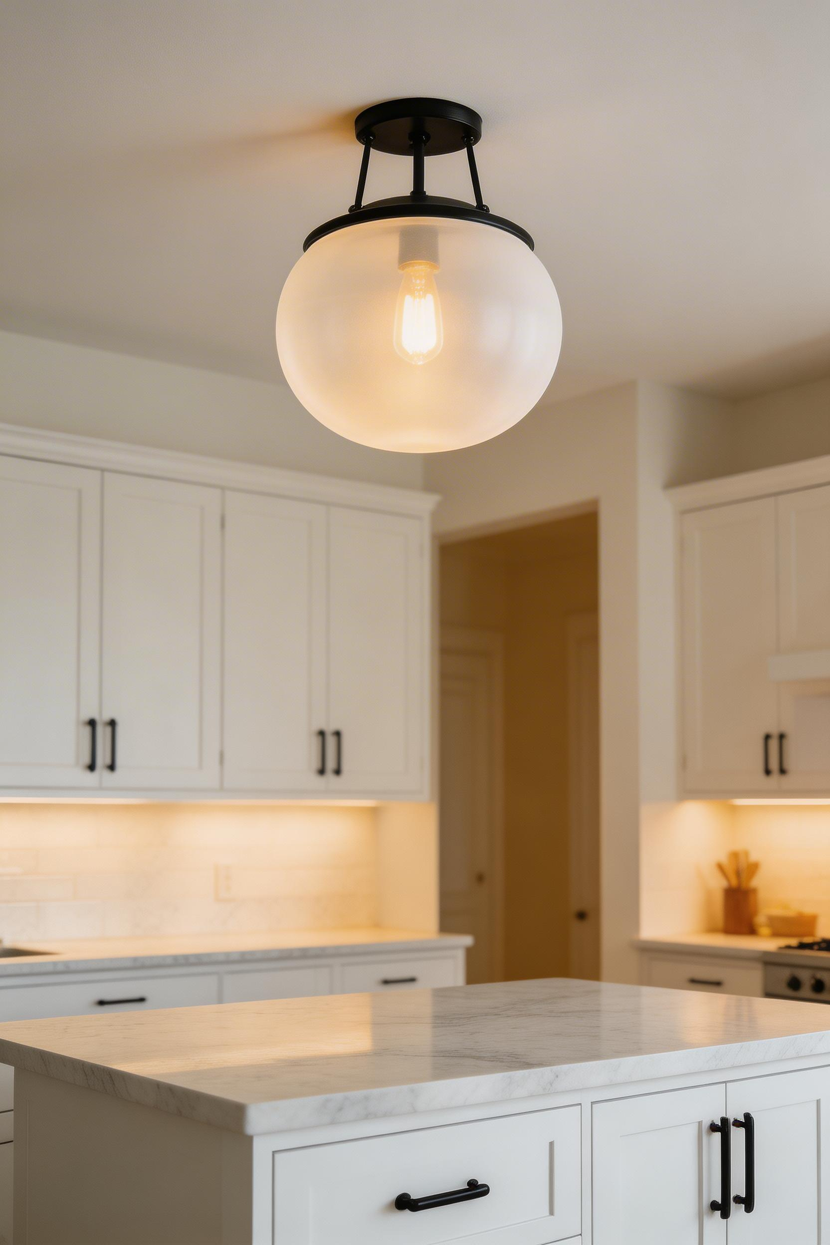 Flush-mount schoolhouse globe fixture mounted close to ceiling—a smart kitchen lighting ideas solution for low-ceiling kitchens that maintains visual space while providing adequate overhead light.