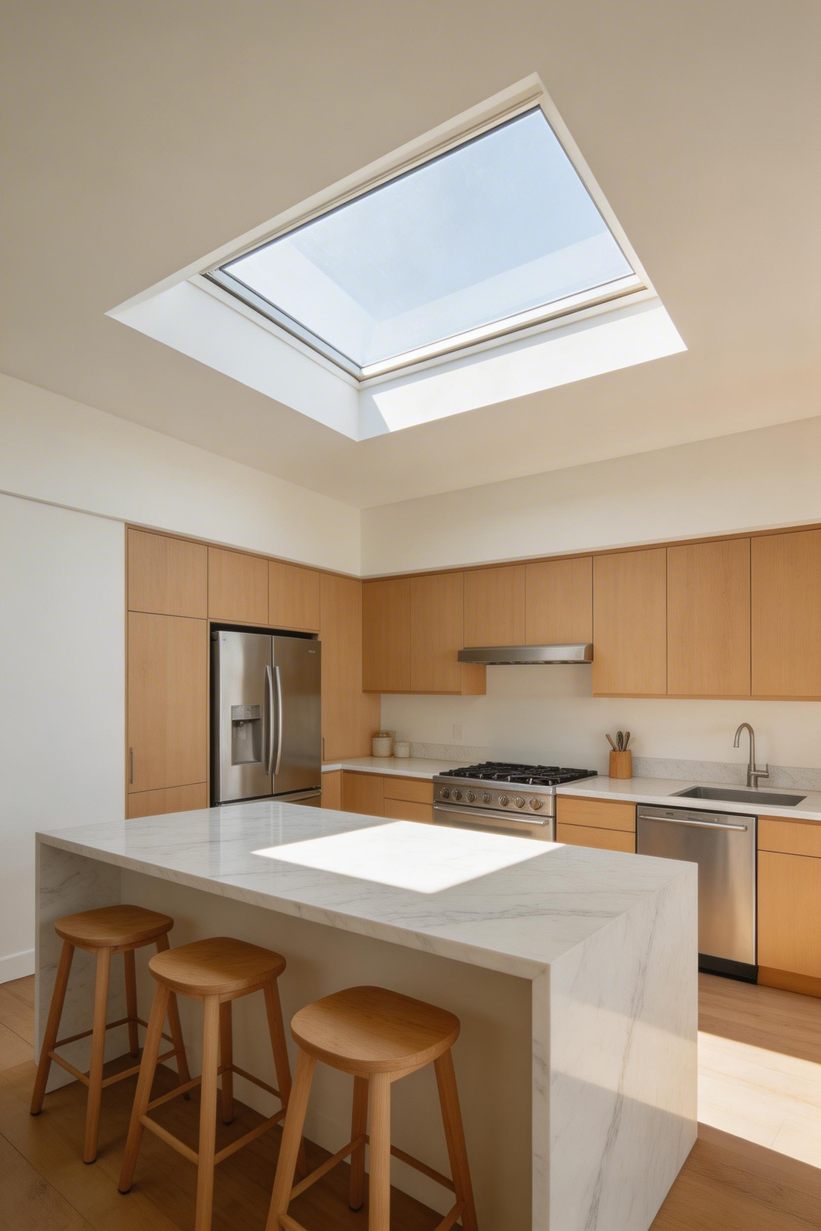 Natural light from a skylight flooding a kitchen interior—demonstrating why natural light is the most transformative kitchen lighting ideas investment for both aesthetics and wellbeing.