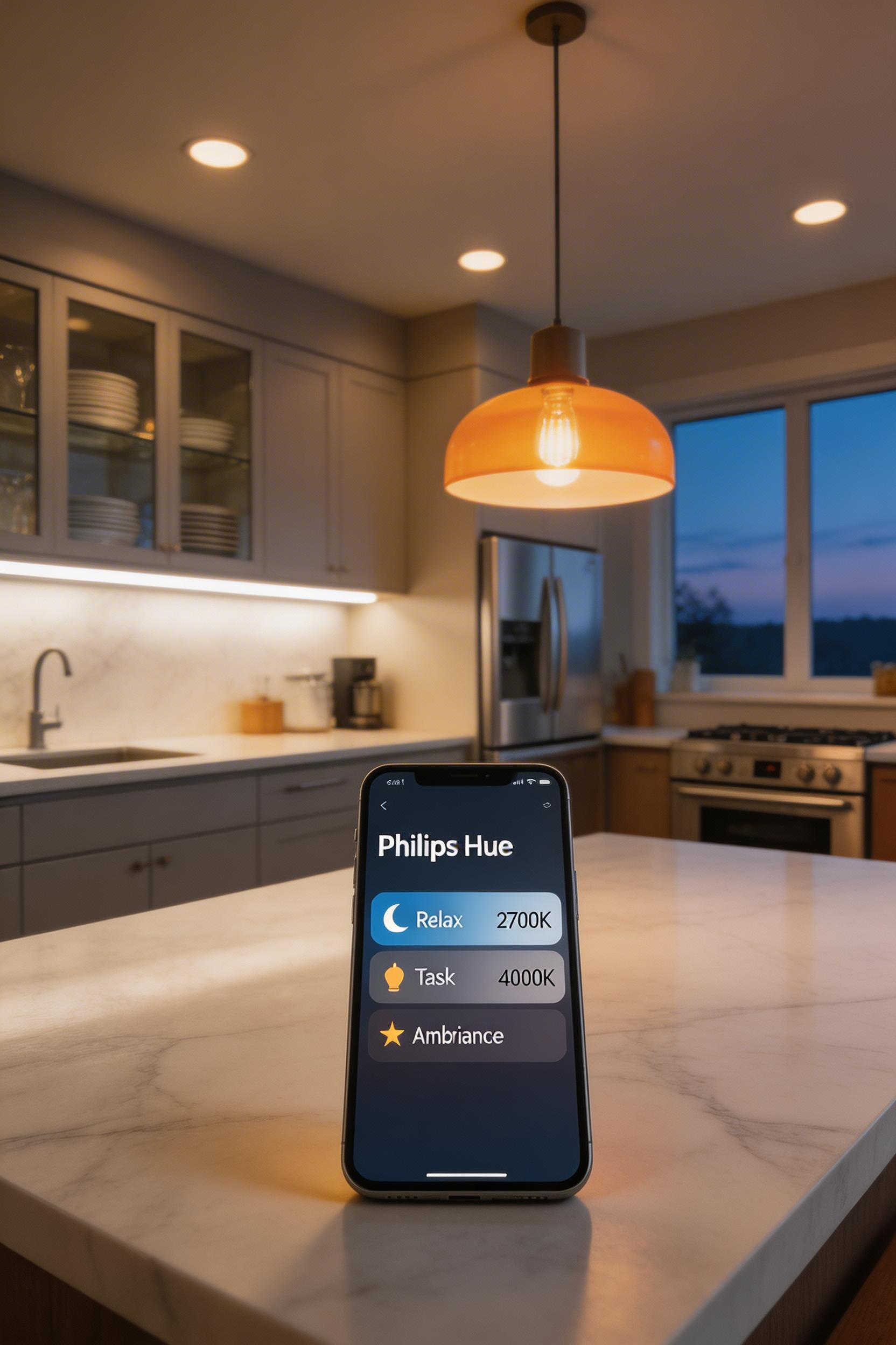 Smart lighting system showing multiple color temperatures and dimming levels—demonstrating how kitchen lighting ideas become dynamic and adaptive with smart controls and color-tunable bulbs.