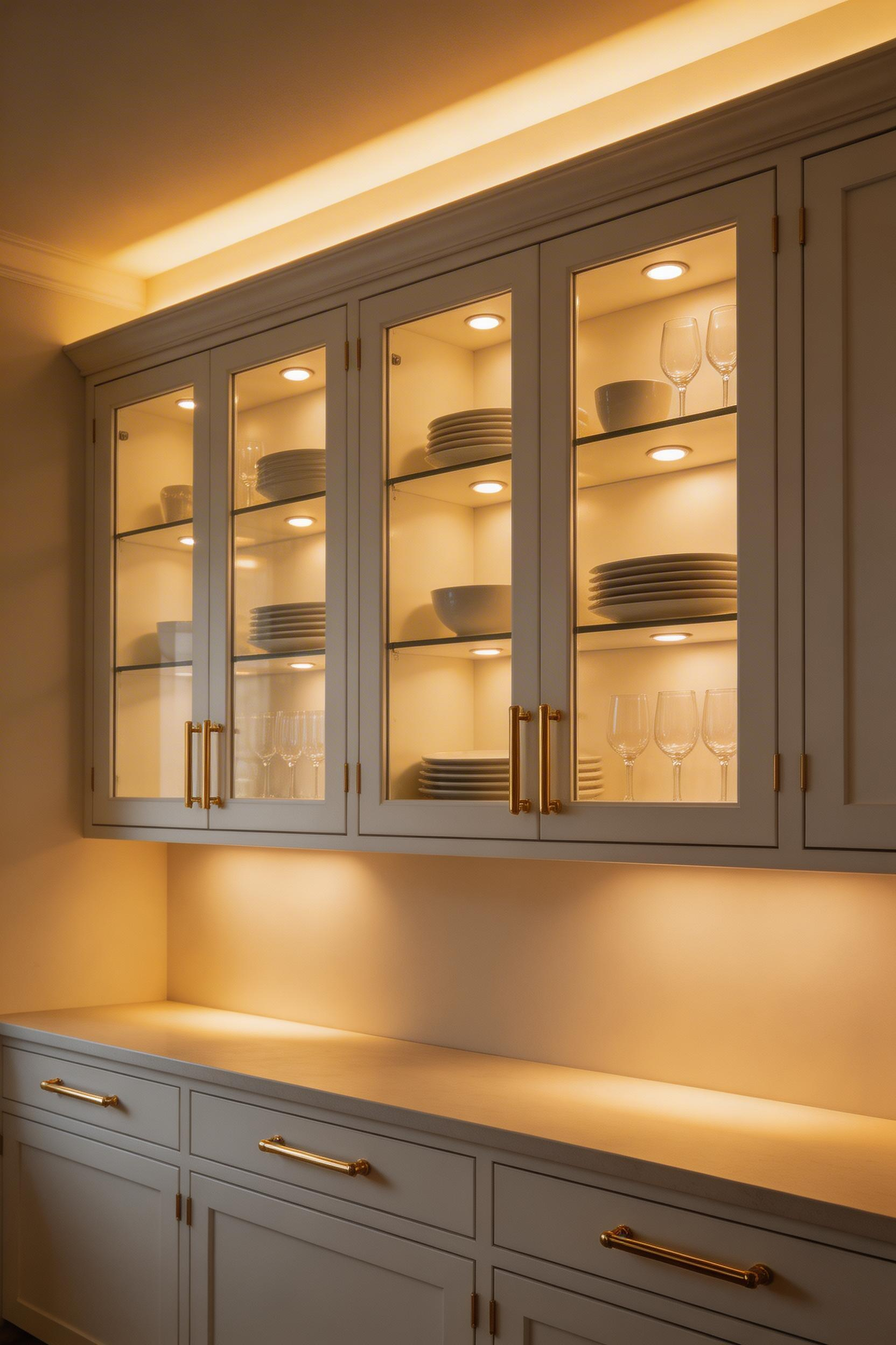 Three-layer cabinet lighting system showing interior display lighting, above-cabinet uplighting, and toe-kick accent light—the complete kitchen lighting ideas approach that transforms cabinetry into a design feature.