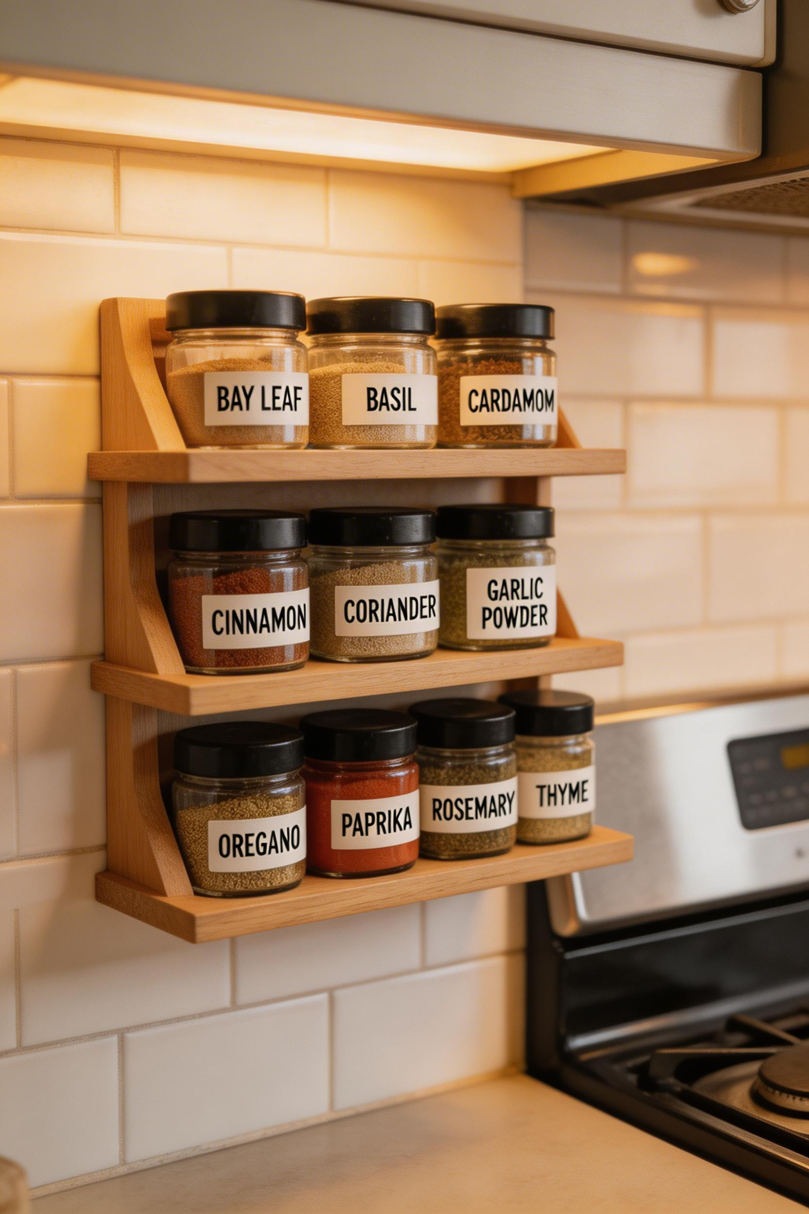 A wall-mounted spice rack is kitchen storage furniture that keeps 30–50 jars organised and immediately accessible without opening a single drawer.