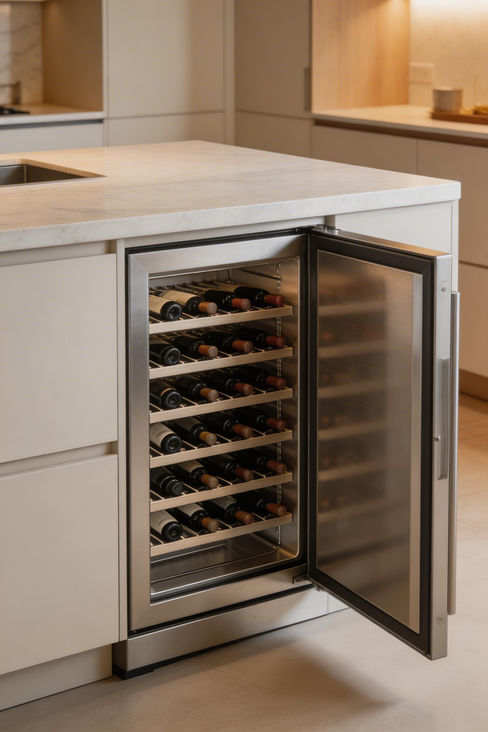 An under-counter wine and drink station is specialised kitchen storage furniture that makes sense for regular entertainers managing a rotating wine collection.
