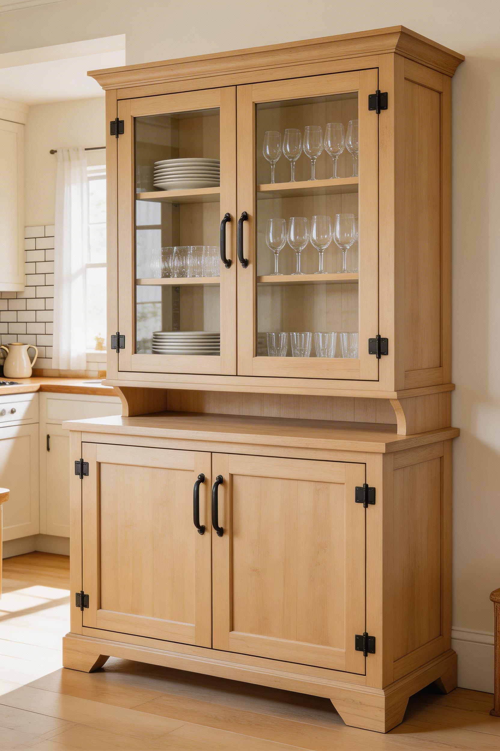 A hutch or buffet cabinet is a freestanding piece of kitchen storage furniture that extends functional storage capacity into adjacent dining or living areas.