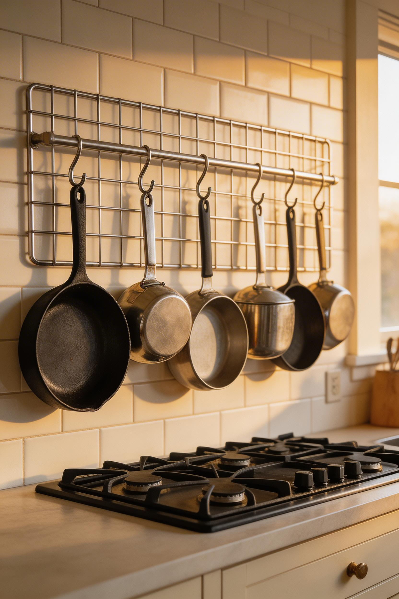 A wall-mounted pot rack is efficient kitchen storage furniture that frees cabinet space while keeping your most-used cookware visible and accessible.