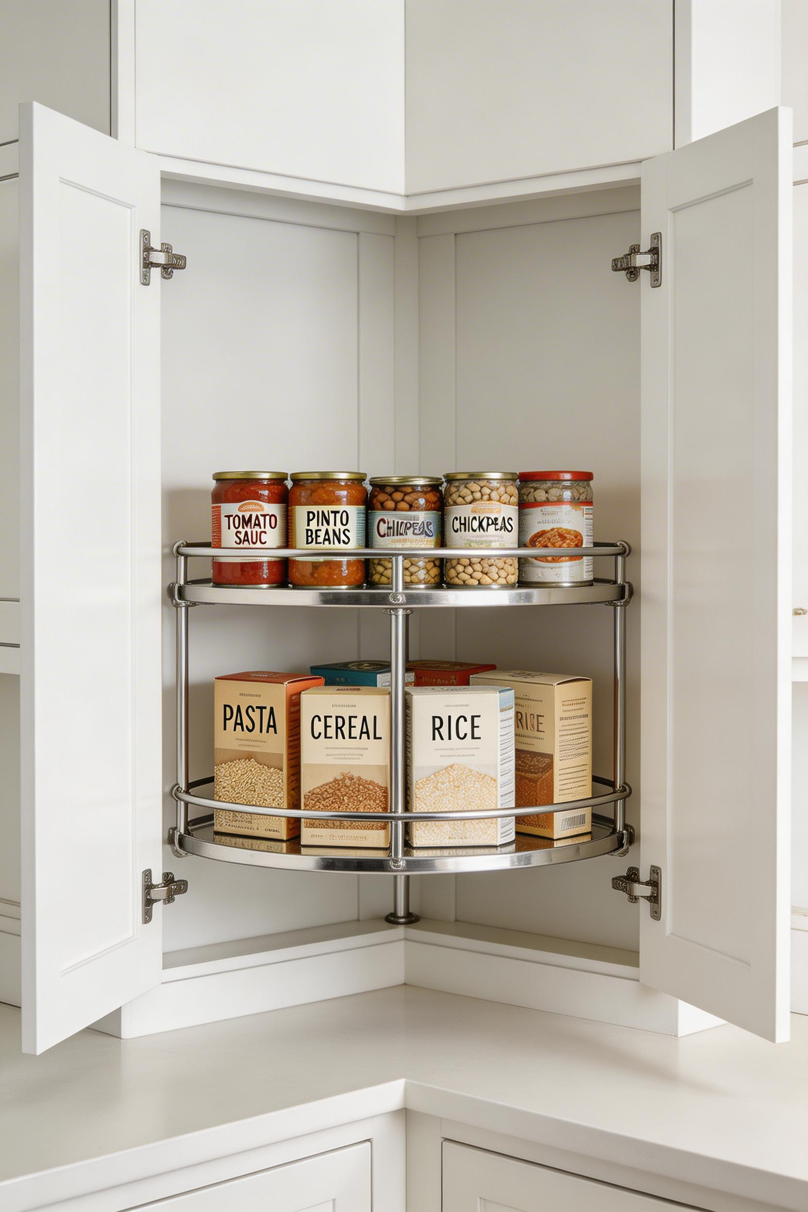 A properly fitted lazy susan transforms the most awkward corner into genuinely usable kitchen storage furniture with full access to everything inside.