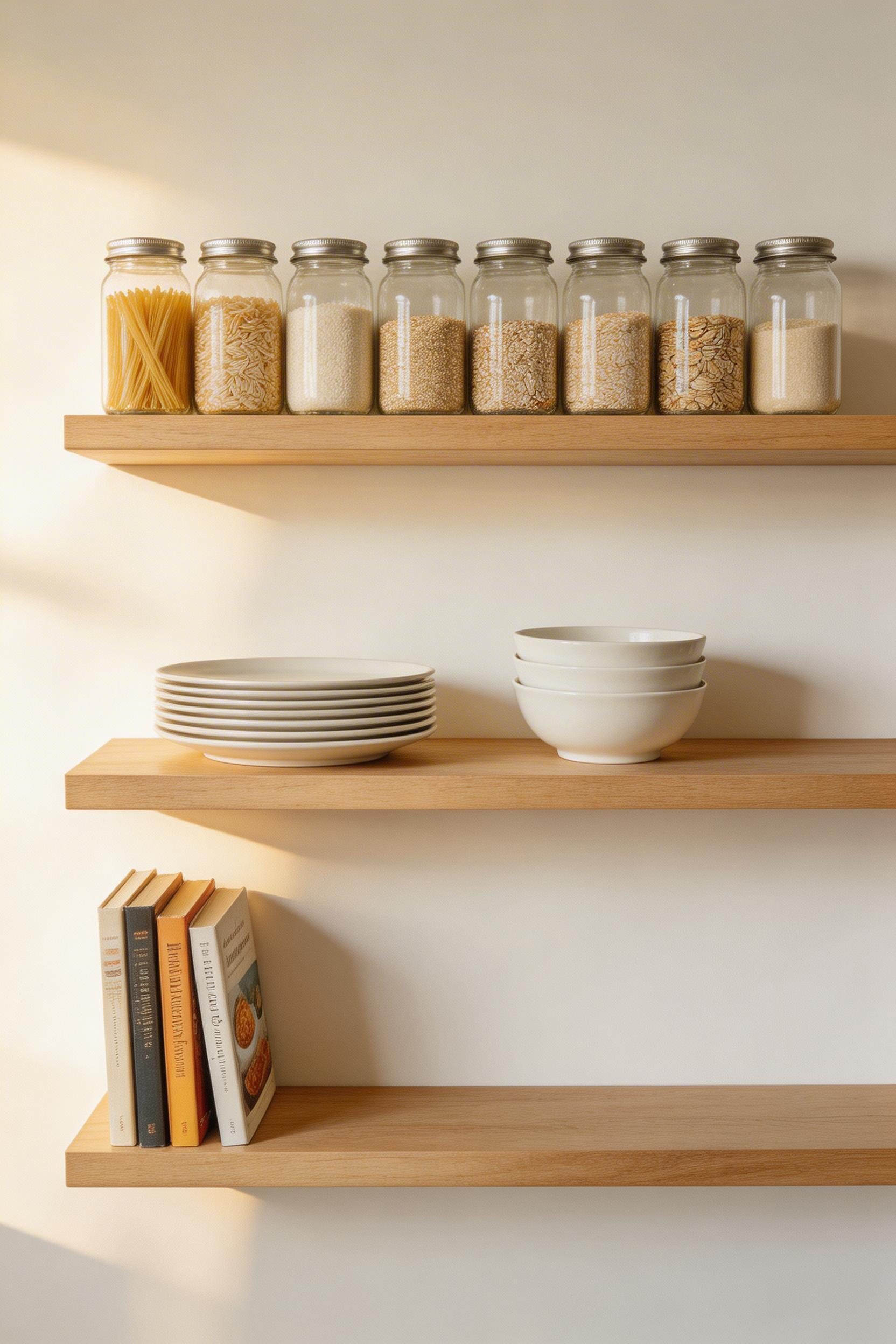 Open wall shelving is effective kitchen storage furniture when used for frequently accessed items and styled with everyday practicality rather than decoration alone.