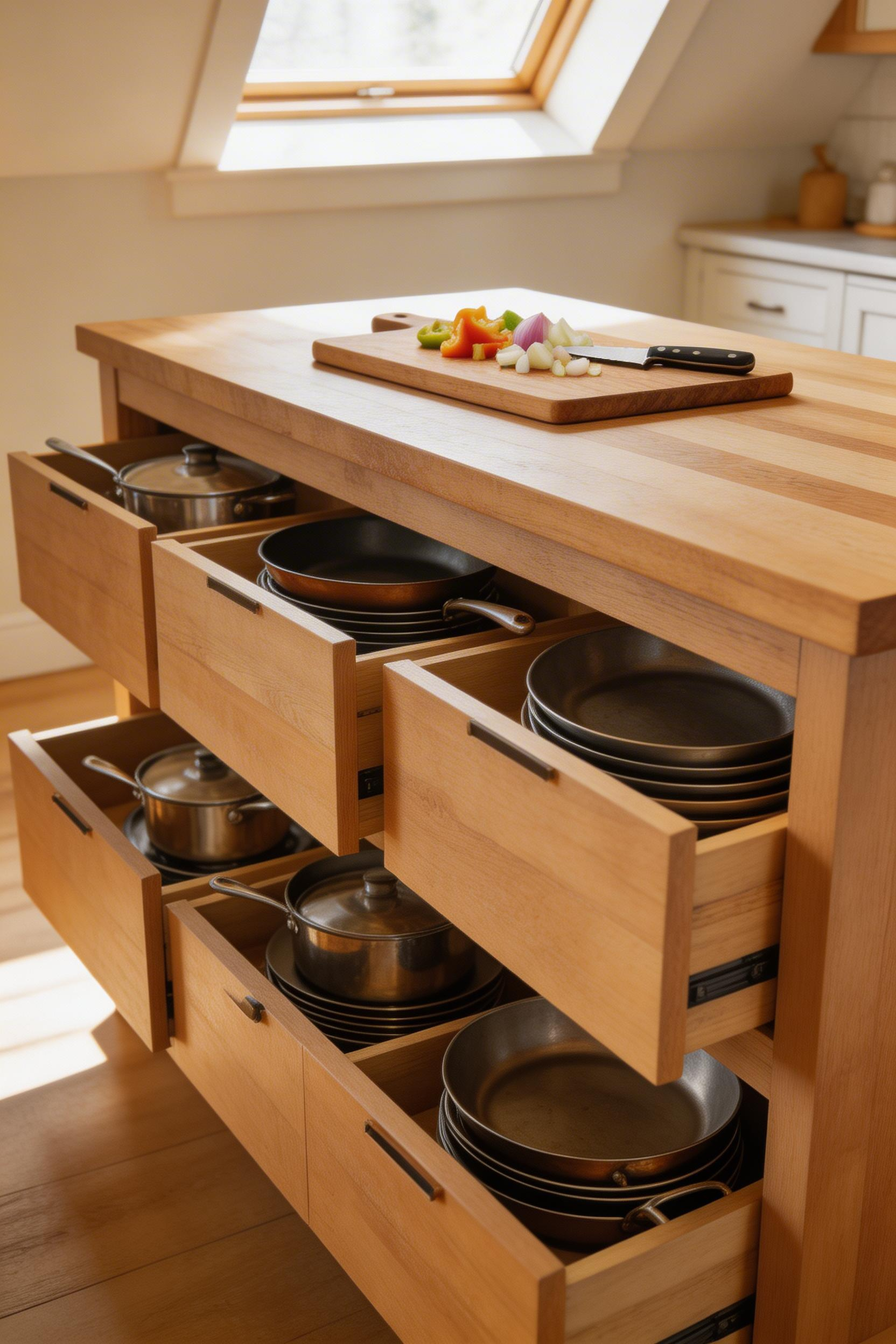 A kitchen island with built-in drawers is practical kitchen storage furniture that keeps heavy cookware off the counter and within easy reach.