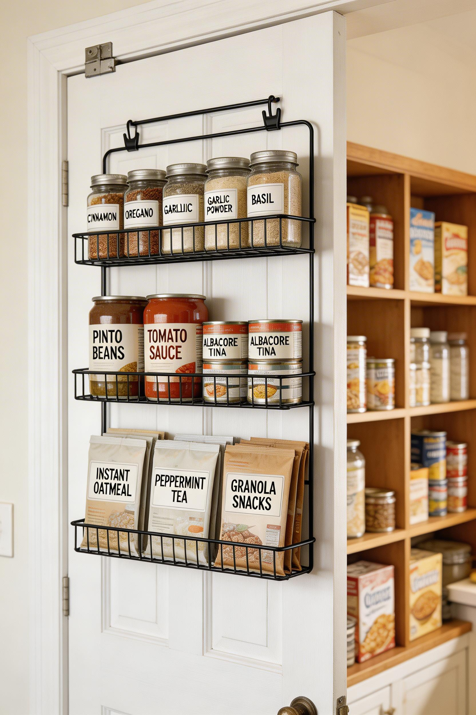 An over-the-door pantry organiser adds significant kitchen storage furniture capacity without any installation work or wall modifications.