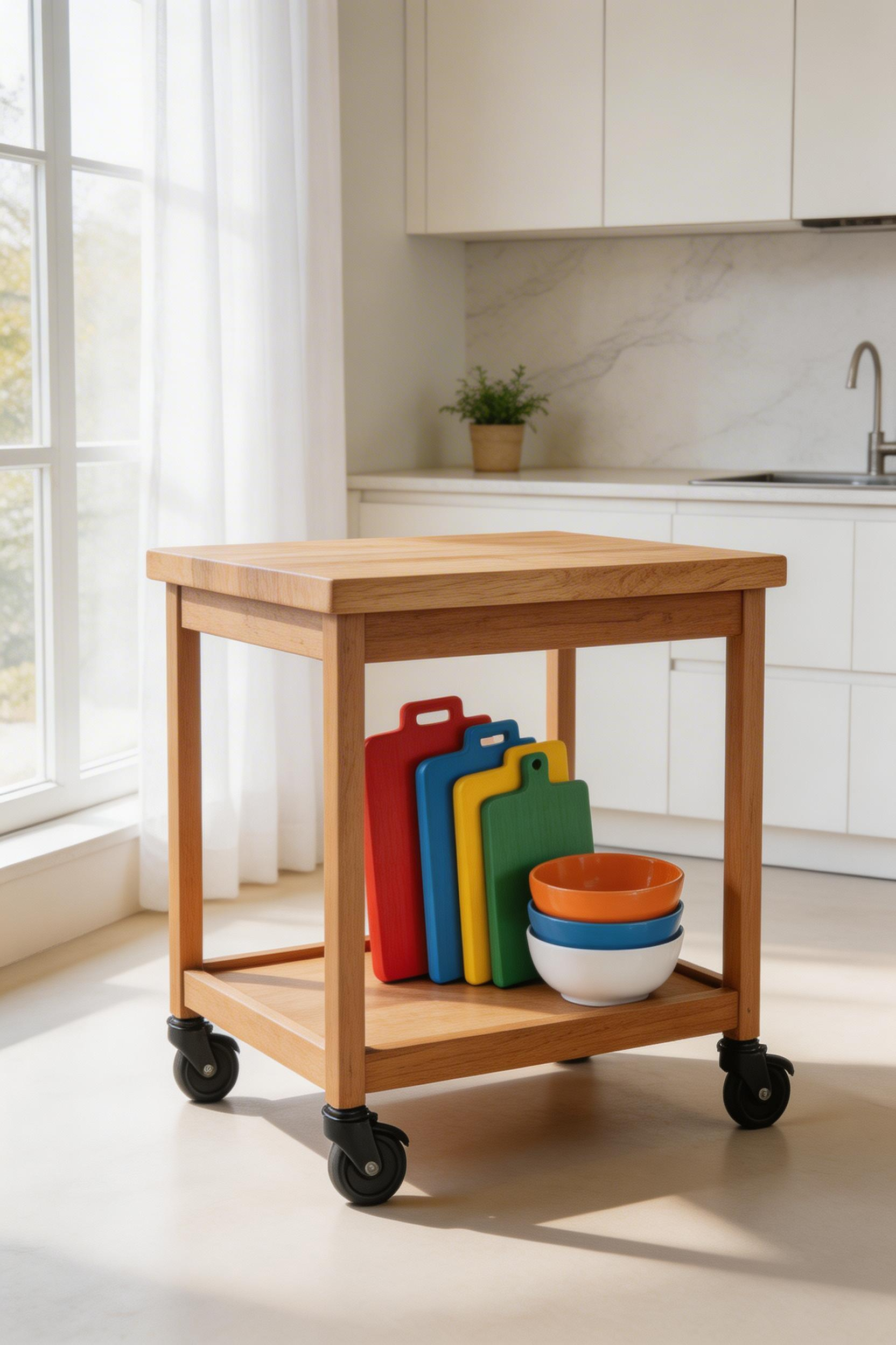 A rolling kitchen cart doubles as a prep surface and extra kitchen storage furniture that can be repositioned wherever space is needed.