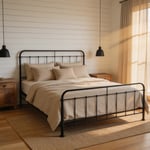 A complete farmhouse bedroom featuring shiplap, iron bed frame, layered linen bedding, and reclaimed wood furniture — the blueprint for farmhouse bedroom decor ideas that feel genuinely warm and lived-in.