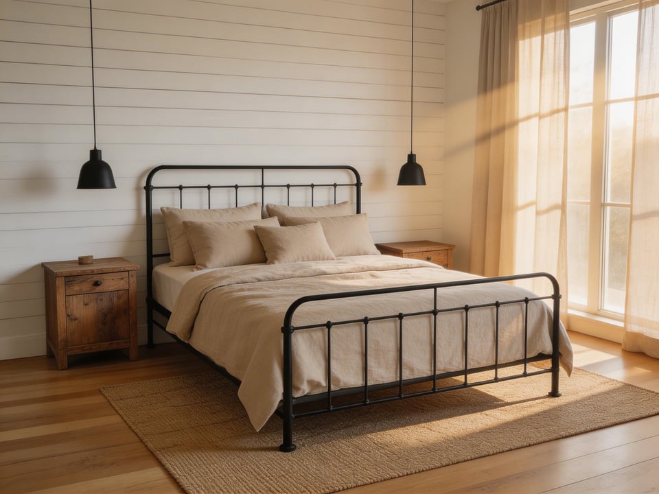 A complete farmhouse bedroom featuring shiplap, iron bed frame, layered linen bedding, and reclaimed wood furniture — the blueprint for farmhouse bedroom decor ideas that feel genuinely warm and lived-in.