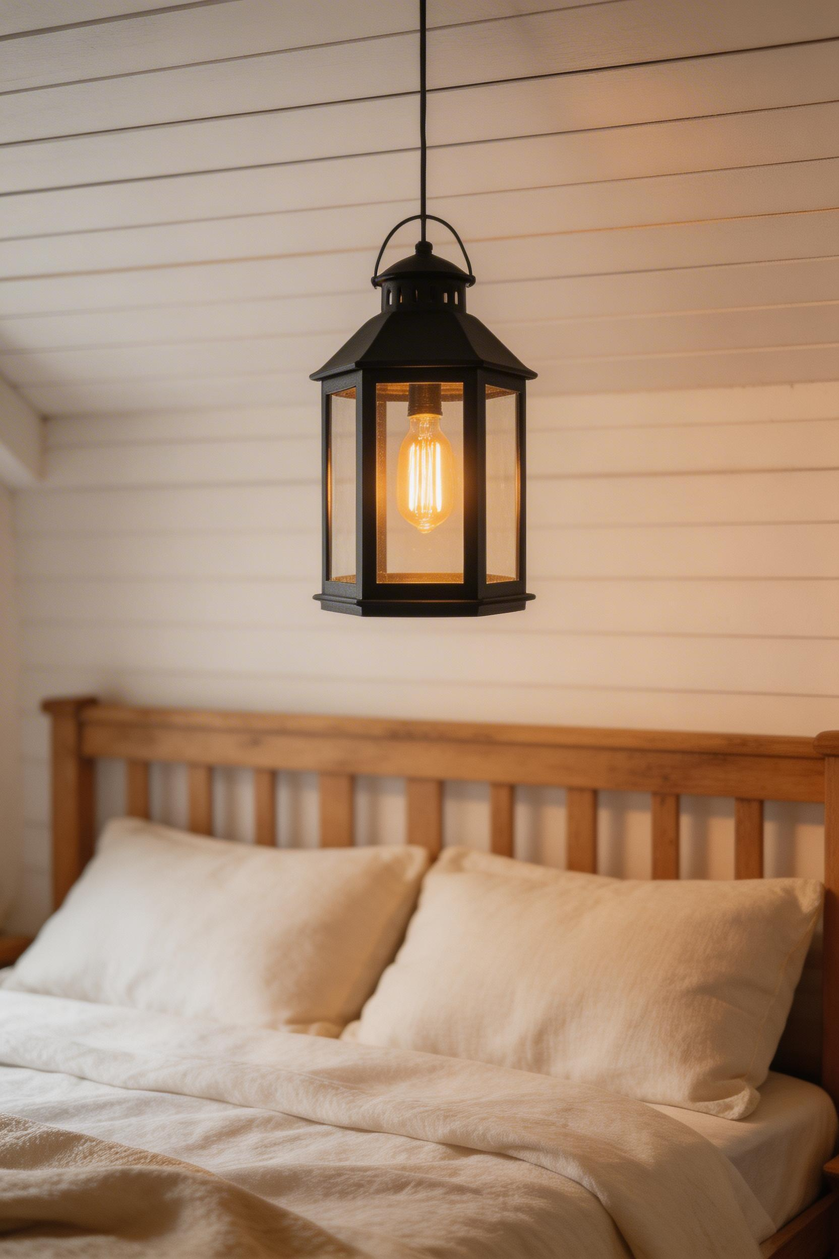 A matte black lantern pendant with an Edison bulb replaces the builder-grade ceiling fixture in this farmhouse bedroom, completing the farmhouse bedroom decor ideas in this list with a lighting choice that anchors the room's palette.