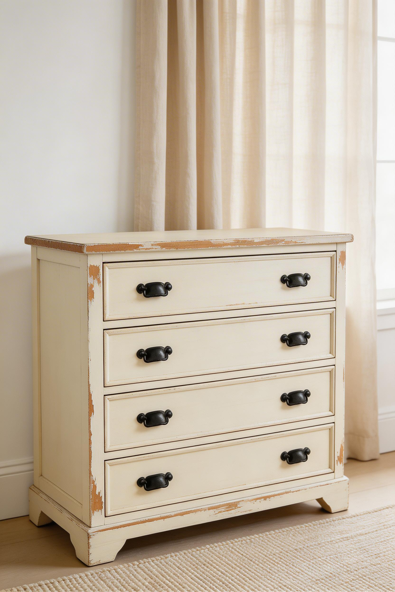 A hand-distressed cream dresser with matte black hardware brings aged warmth to farmhouse bedroom decor, showing how intentional imperfection creates more character than any new furniture can manufacture.
