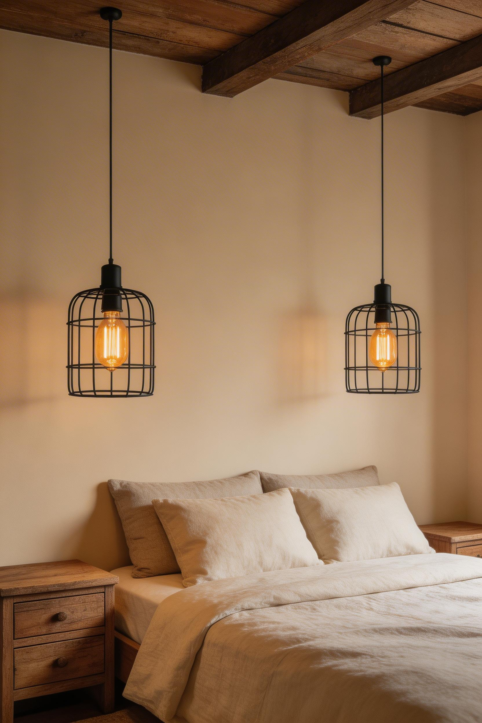 Paired matte black cage pendants replace table lamps in this farmhouse bedroom, one of the most space-efficient and visually intentional farmhouse bedroom decor ideas for small rooms.