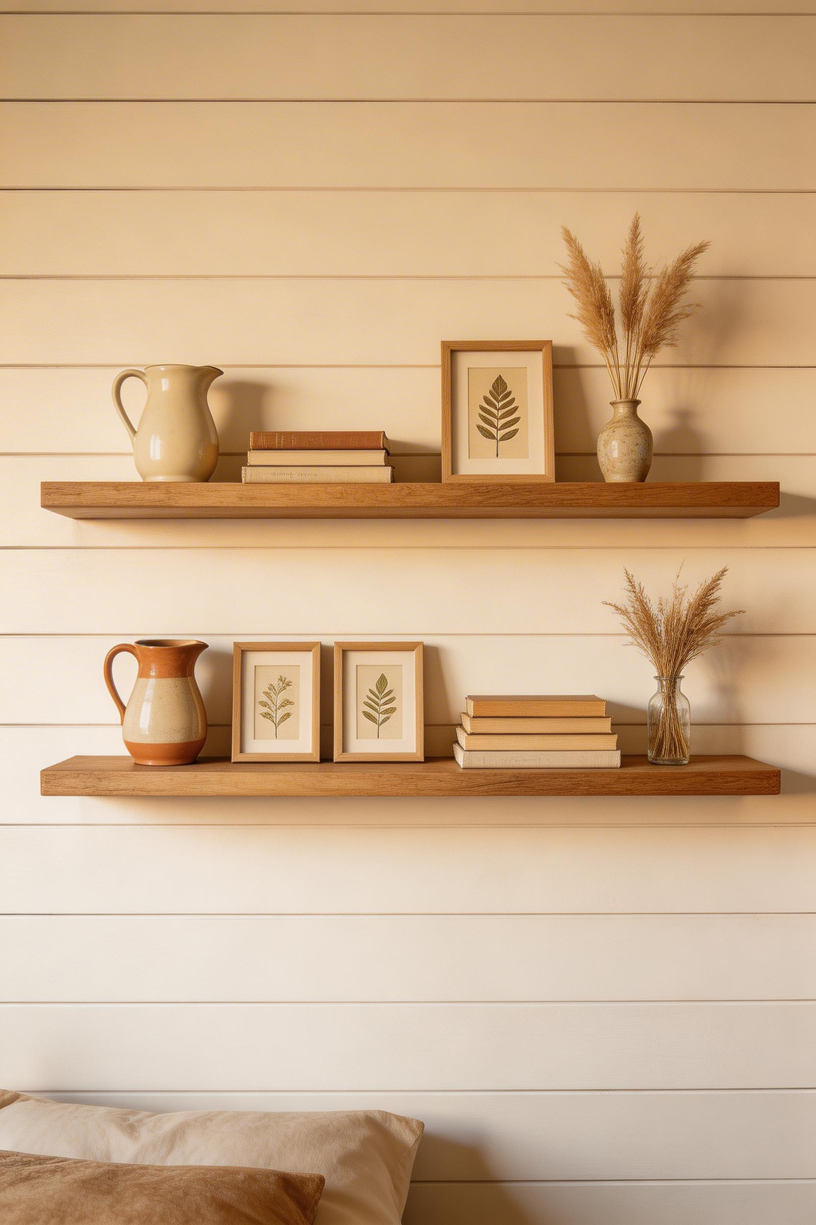 Floating oak shelves styled with ceramics and dried botanicals demonstrate how farmhouse bedroom decor ideas use natural objects and restraint to create spaces that feel personal rather than posed.