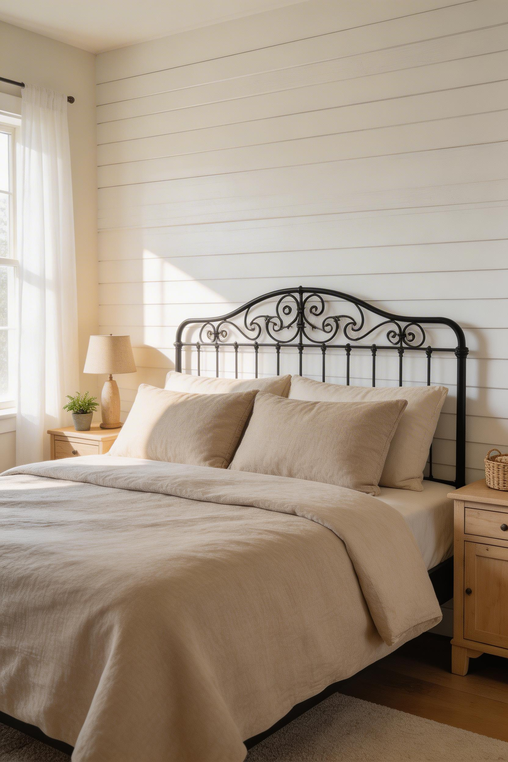 A shiplap accent wall in Benjamin Moore White Dove frames a farmhouse bedroom, showing how one textured wall transforms the entire space with farmhouse bedroom decor ideas.