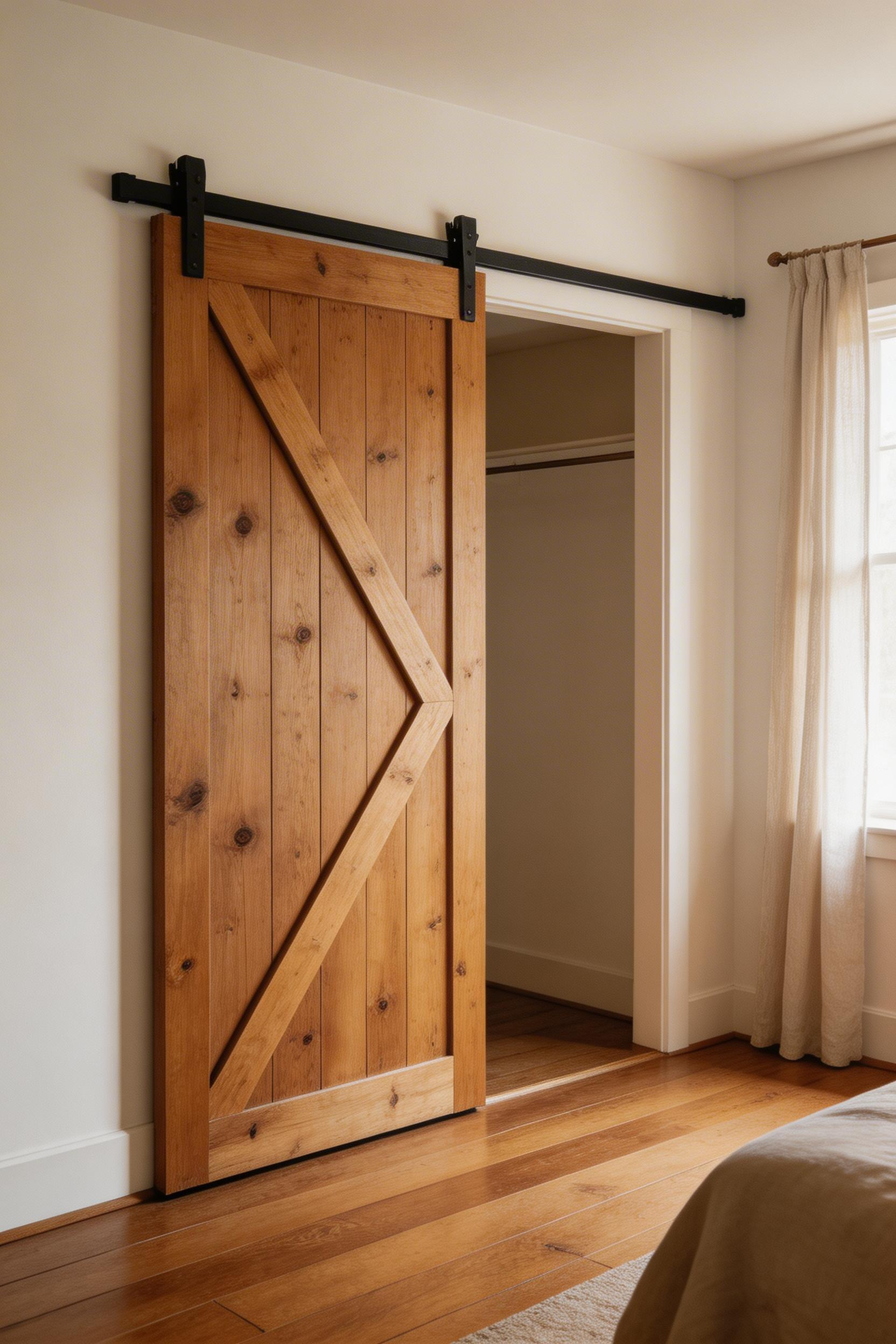 A Z-brace barn door on a matte black track adds farmhouse character and reclaims floor space, combining two practical wins into one of the most impactful farmhouse bedroom decor ideas in this list.
