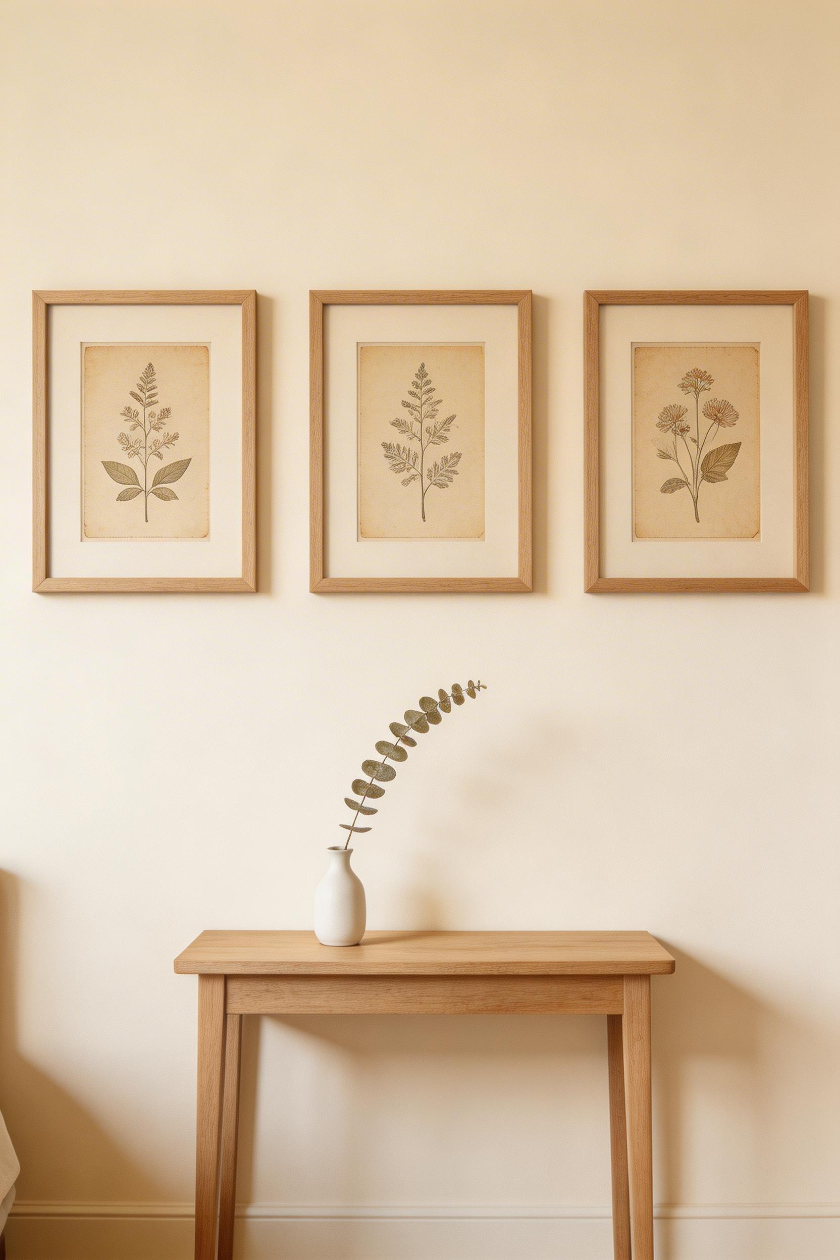 A gallery of vintage botanical prints in raw oak frames brings farmhouse bedroom decor ideas full circle to the natural world, using art with real historical roots rather than manufactured rustic symbols.