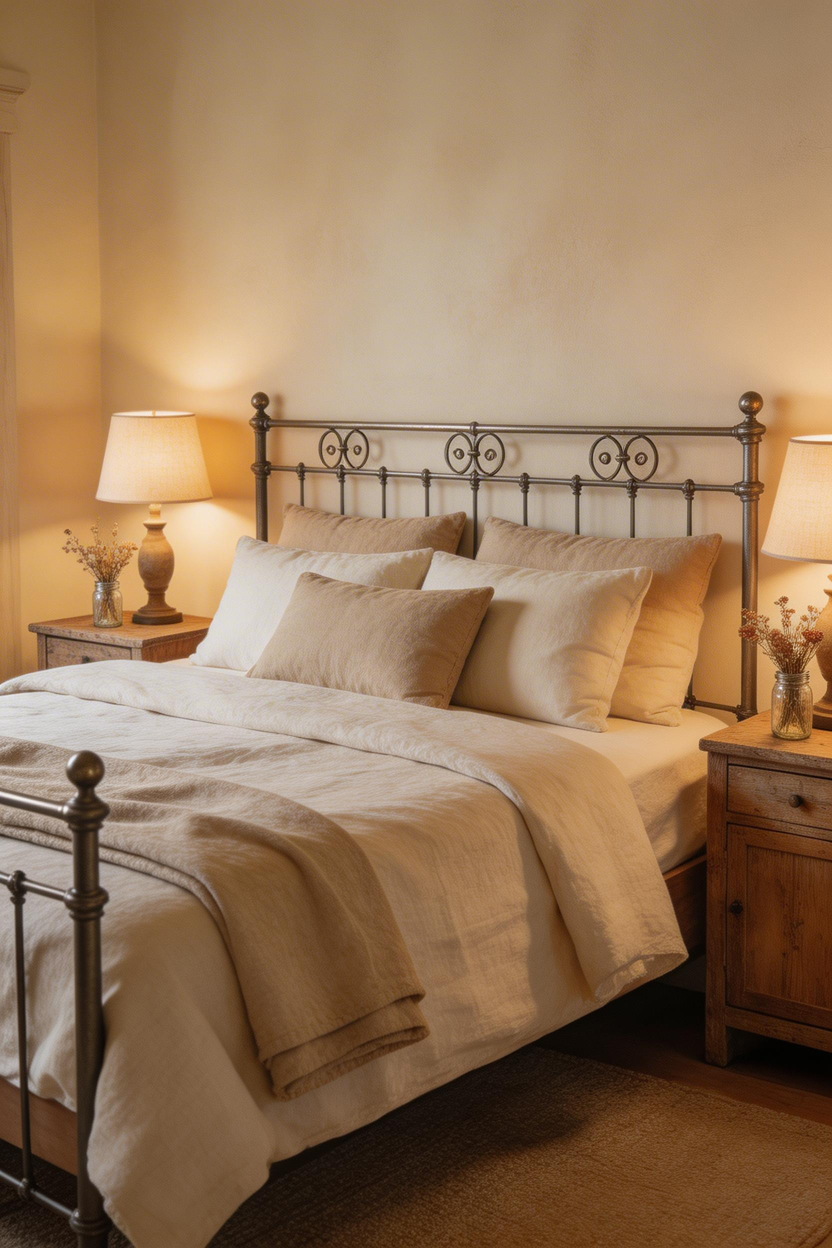 A powder-coated metal bed frame with a 44-inch headboard anchors this farmhouse bedroom, showing how the right frame sets the tone for all other farmhouse bedroom decor ideas.