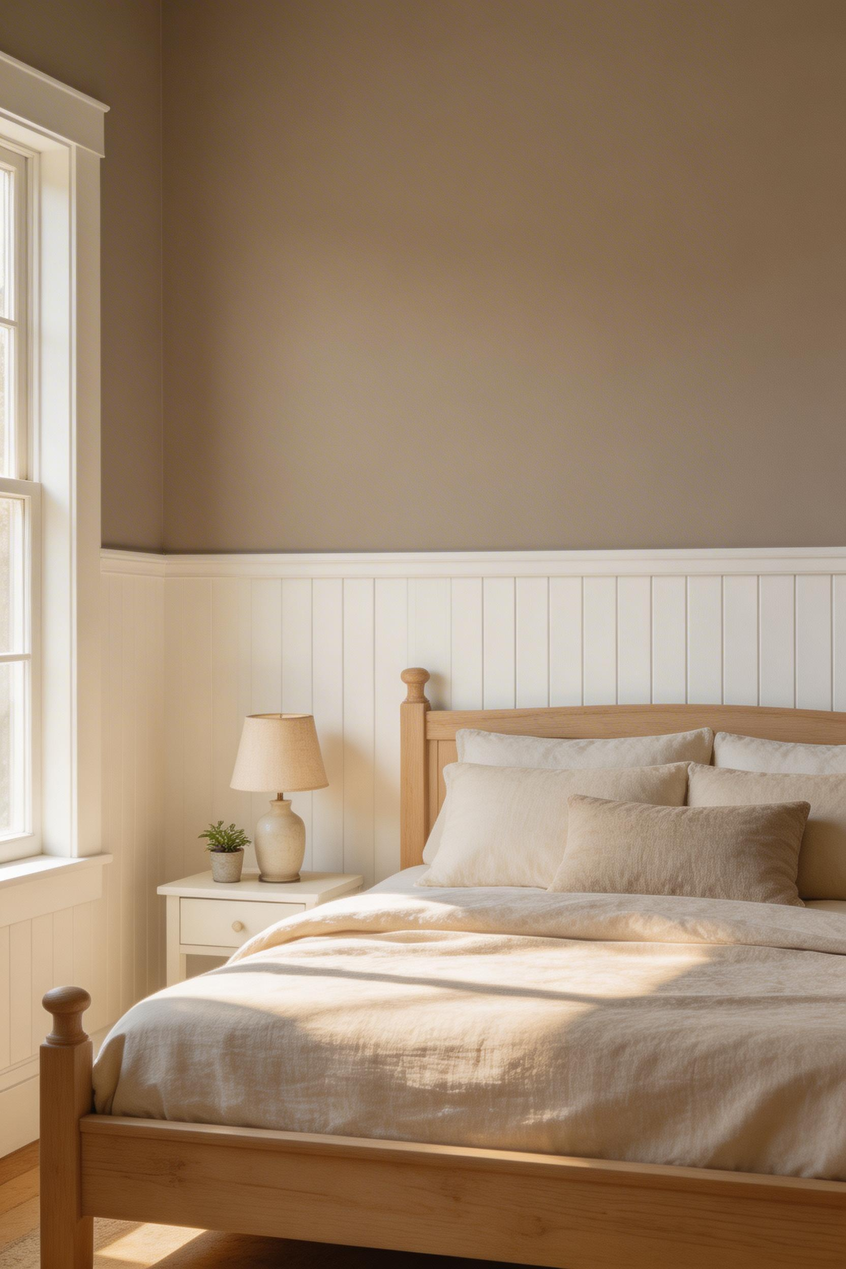 White board and batten wainscoting at 48 inches creates geometric interest and architectural weight in this farmhouse bedroom, one of the most transformative farmhouse bedroom decor ideas for blank walls.