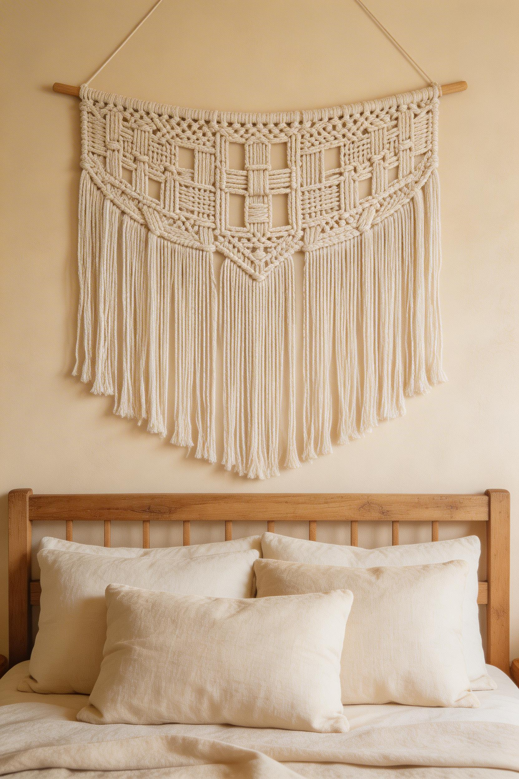 A handmade macramé wall hanging brings three-dimensional textile texture above the farmhouse bed — one of the most widely recognised farmhouse bedroom decor ideas, but effective for good reason.