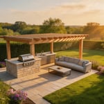 A complete outdoor kitchen patio with covered pergola, stone countertops, and built-in grill is the outdoor room that extends your home's livable square footage through most of the year.