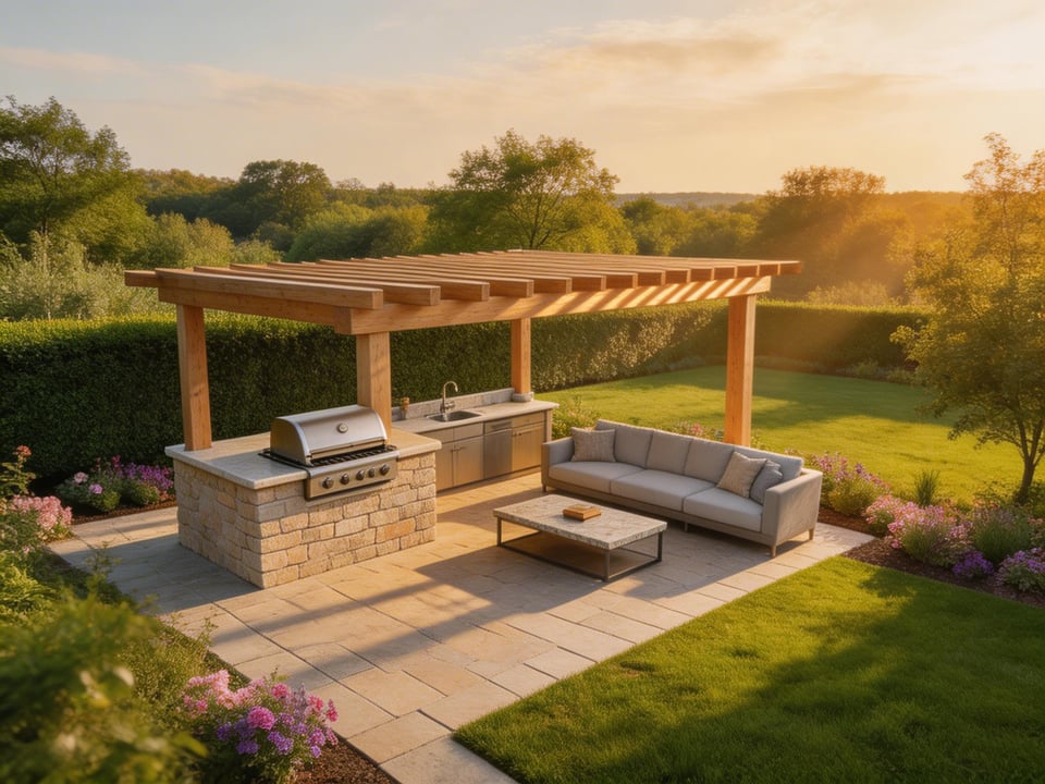 A complete outdoor kitchen patio with covered pergola, stone countertops, and built-in grill is the outdoor room that extends your home's livable square footage through most of the year.