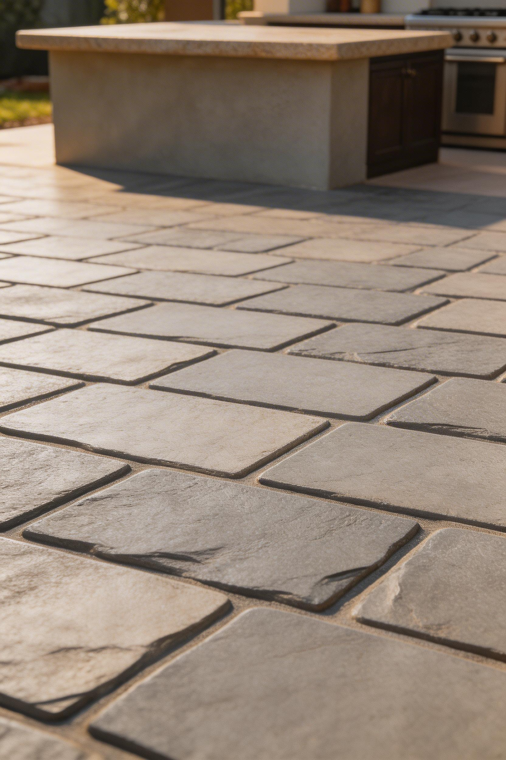 Properly specified stamped concrete with control joints every 8-10 feet and a penetrating sealer can deliver the appearance of natural stone around an outdoor kitchen patio at significantly lower material cost.