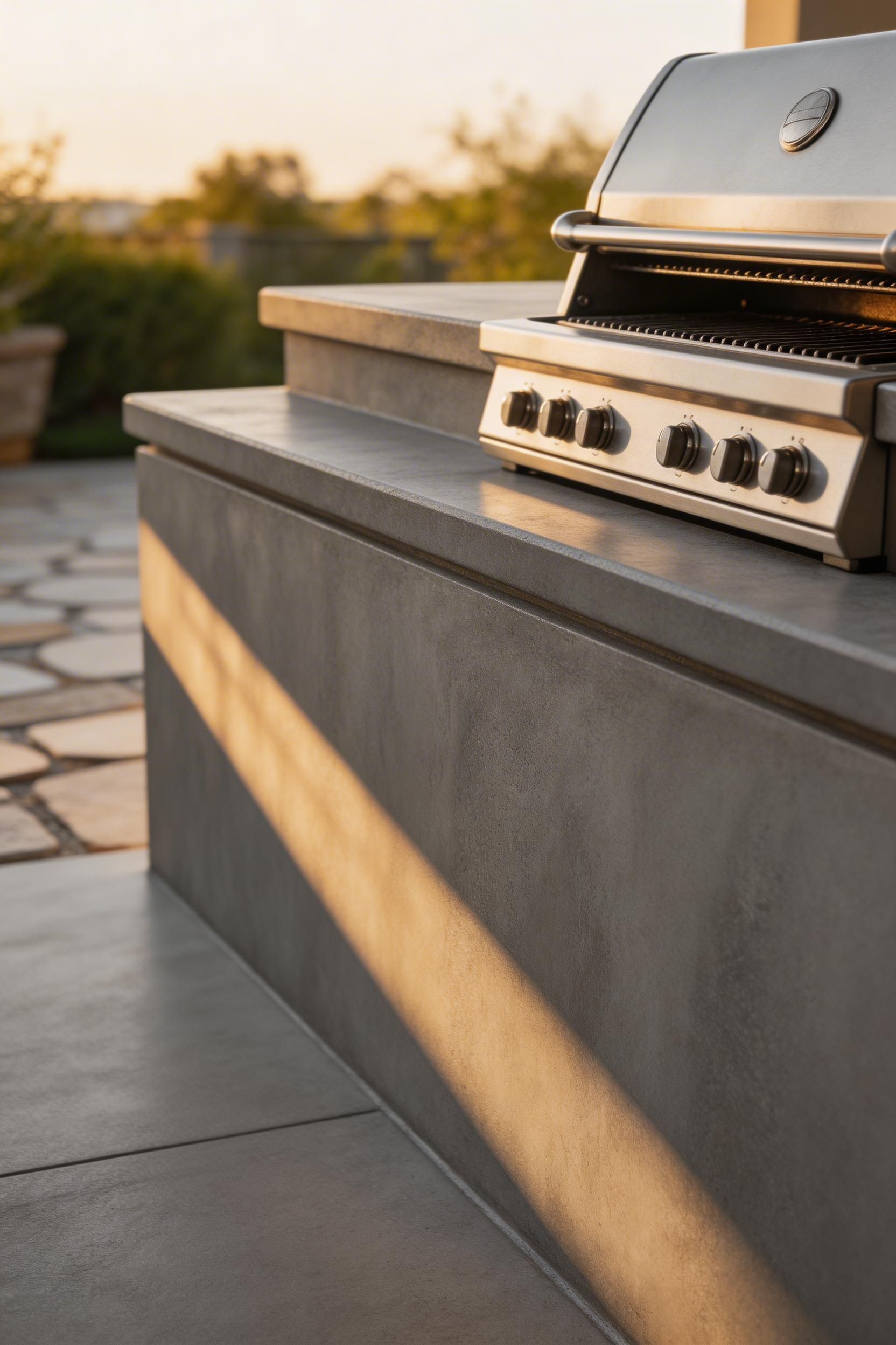 Outdoor concrete countertops need a 4,000+ PSI mix, proper reinforcement, and a penetrating silane-siloxane sealer to survive the conditions an outdoor kitchen patio demands.