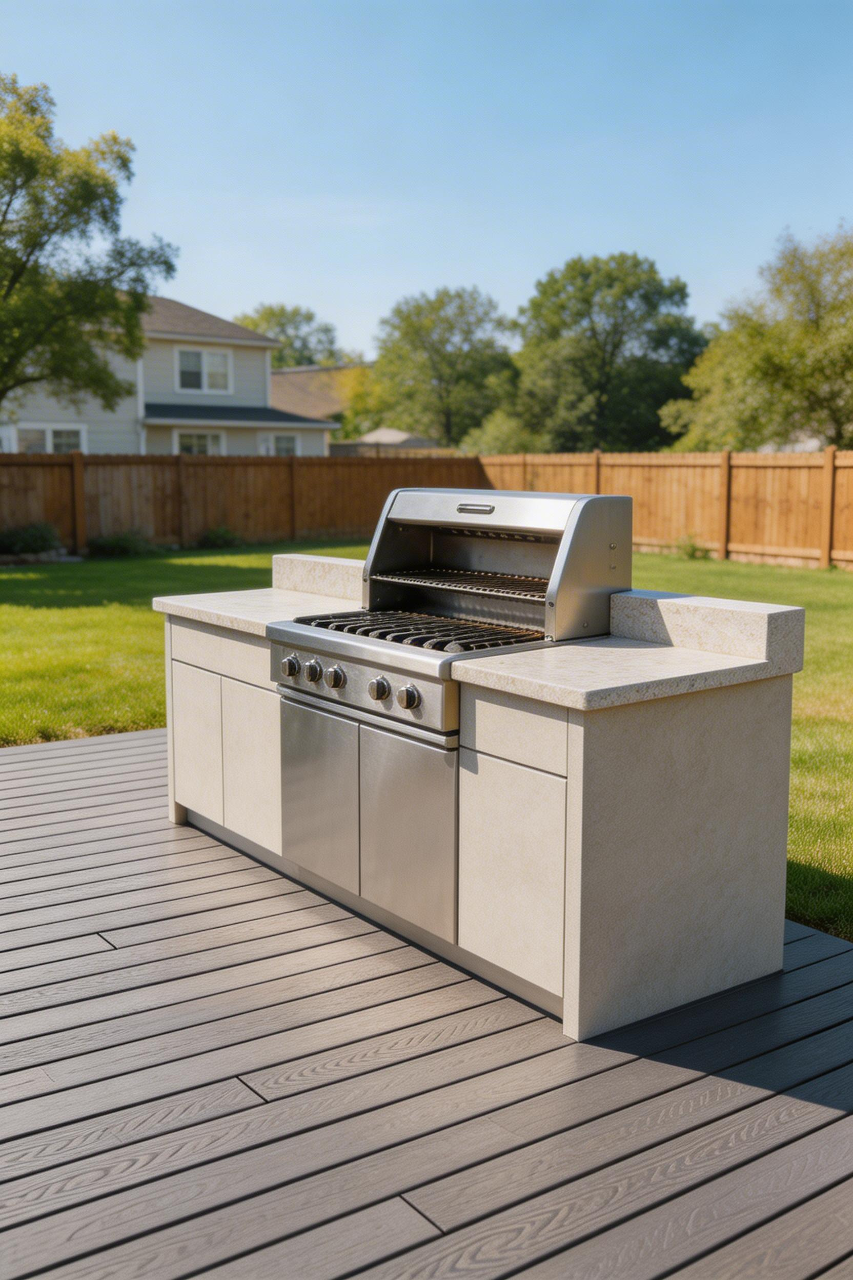 Premium PVC-capped composite decking can serve as an outdoor kitchen patio base, but requires Class A fire rating verification and a non-combustible pad under the grill station.
