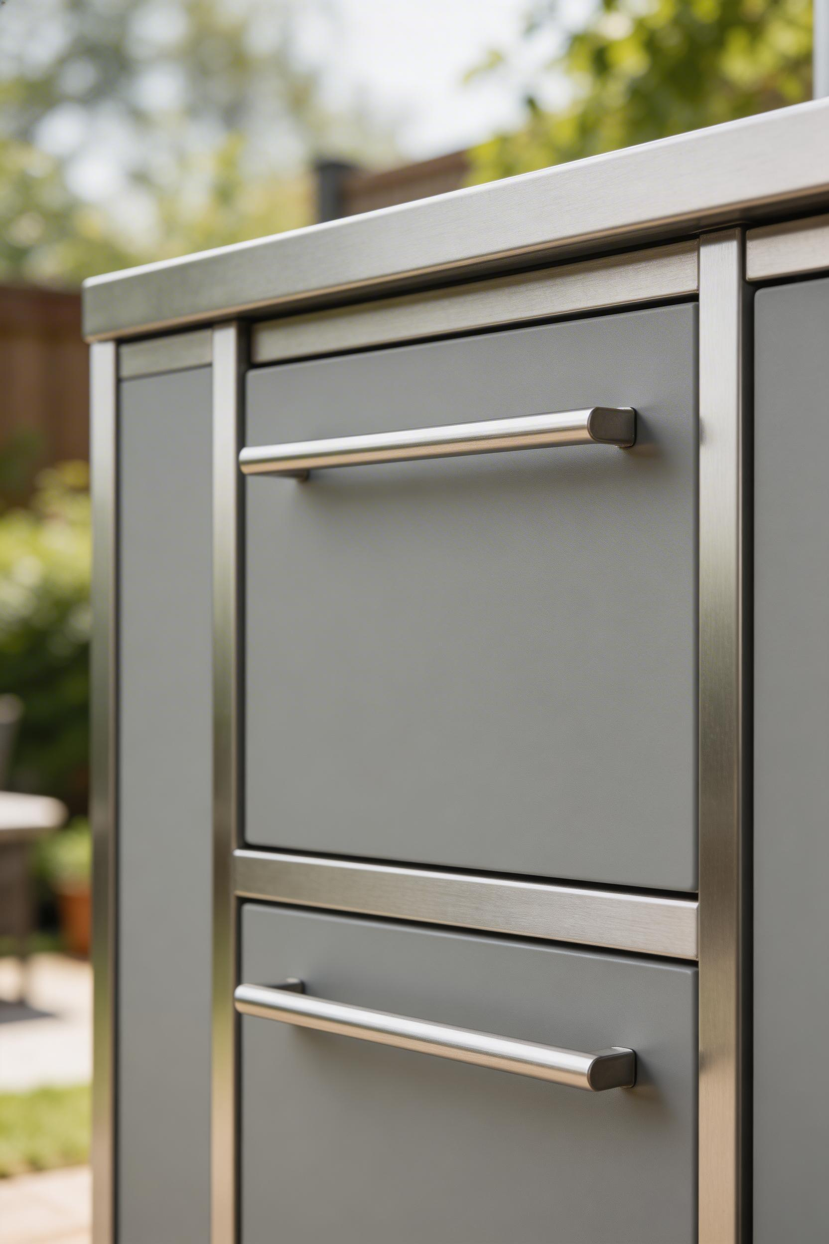 Stainless steel cabinet frames paired with HDPE polymer door fronts are the material pairing that outperforms wood and solid stainless in durability for an outdoor kitchen patio.