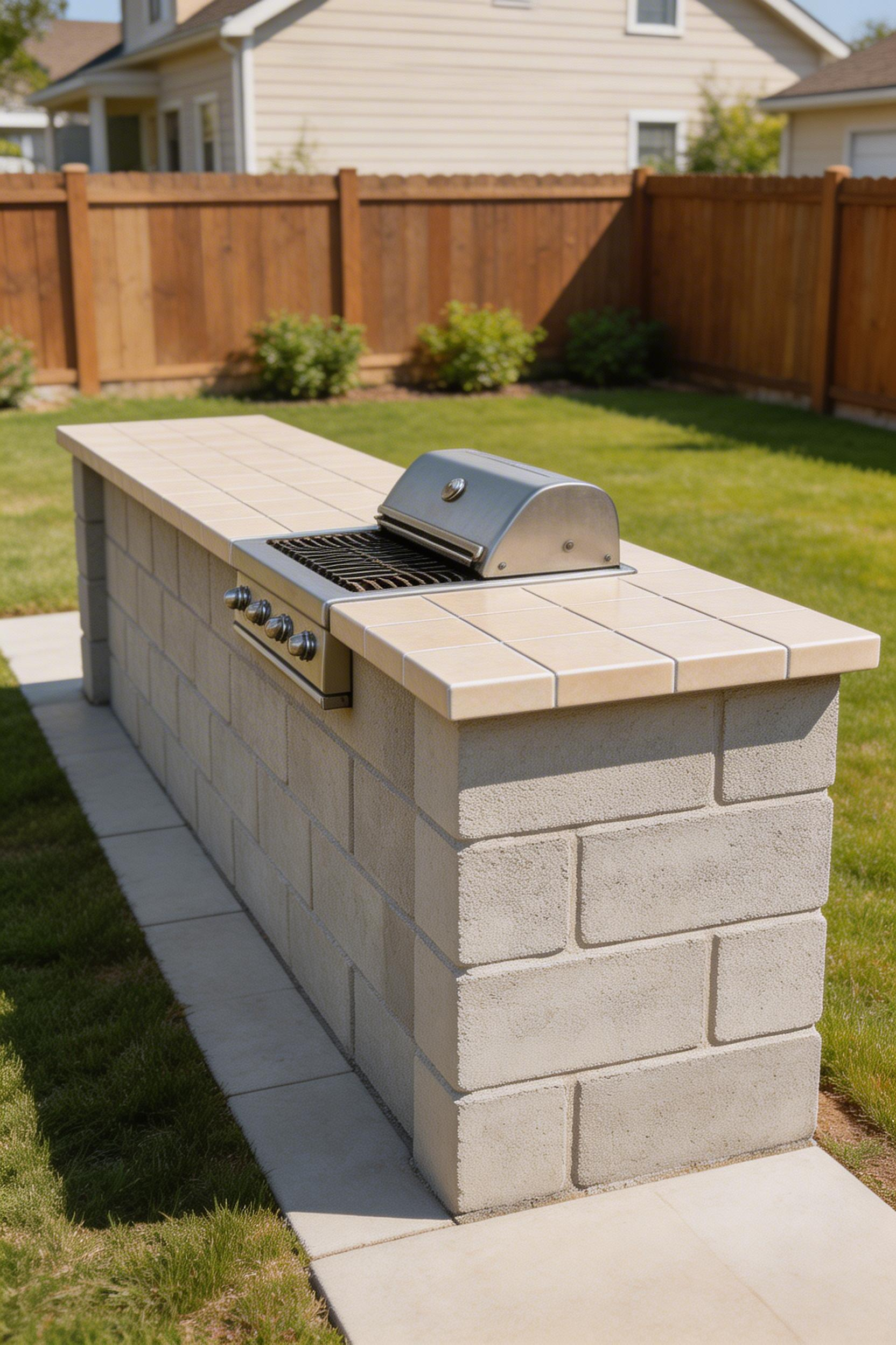 A budget outdoor kitchen patio under $5,000 is realistic when concrete block framing, a mid-range built-in grill, and porcelain tile countertop are combined in a single linear run.