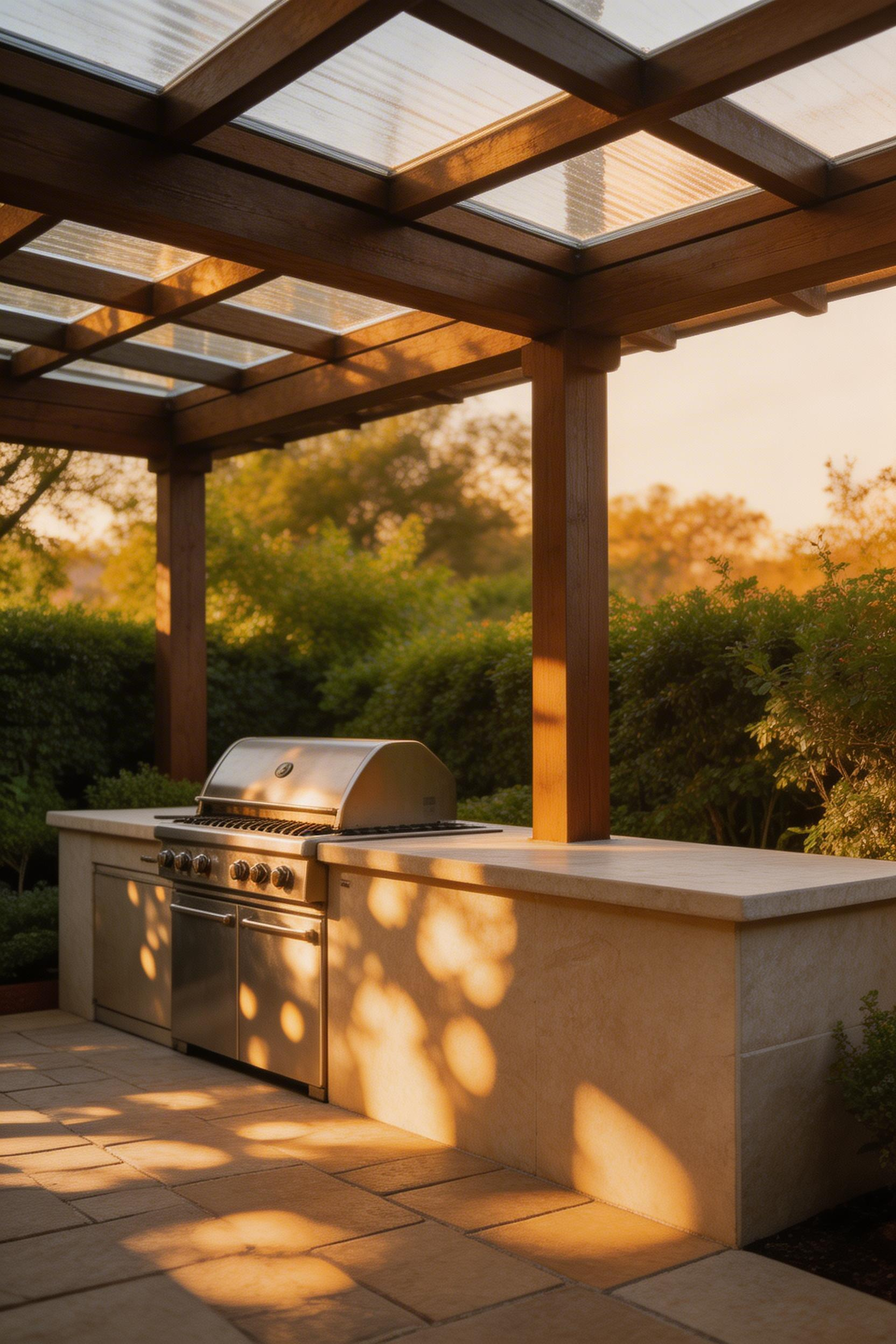 A pergola cover with polycarbonate panels extends the outdoor kitchen patio season by providing weather protection while transmitting up to 90 percent of available daylight.