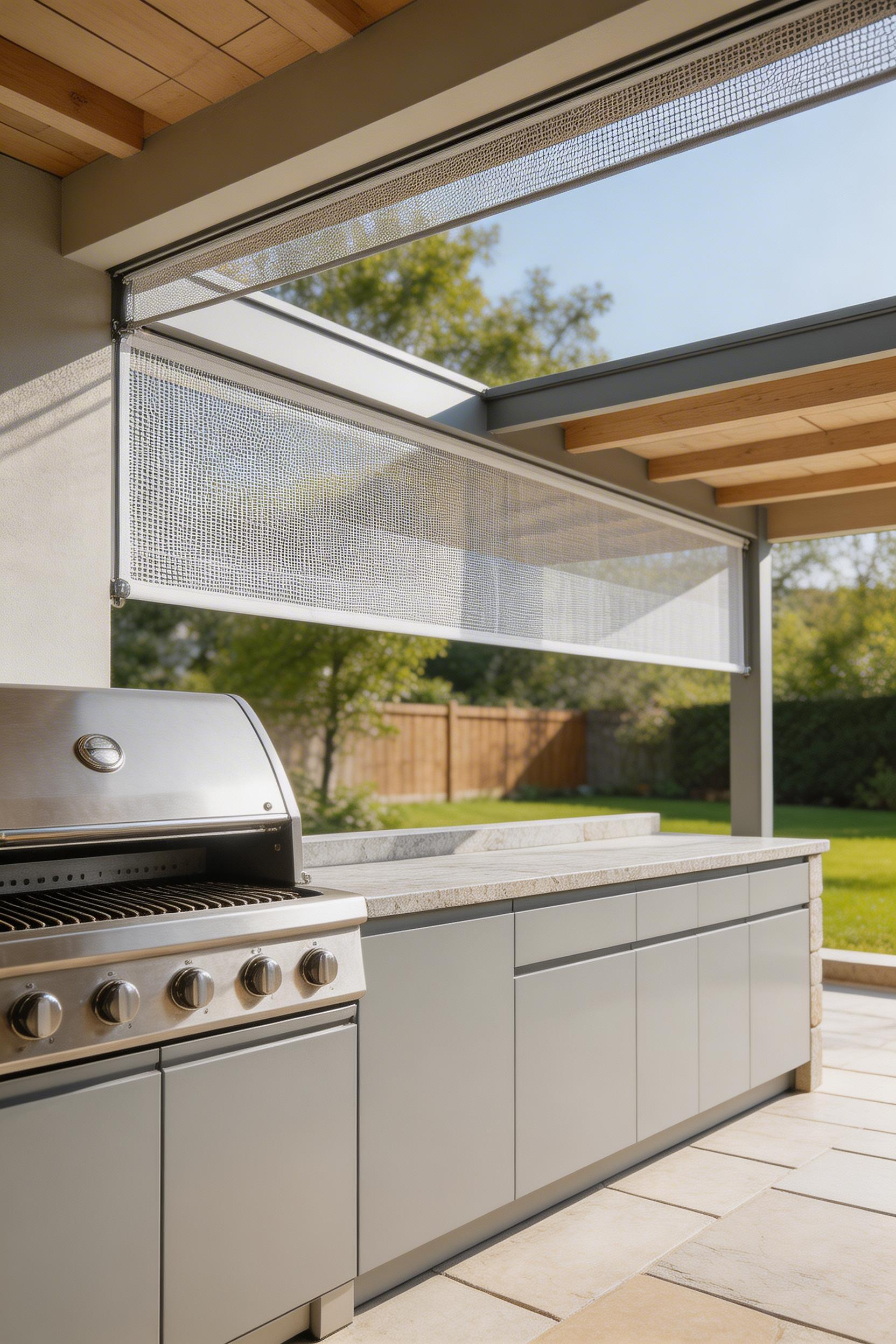 Motorized retractable screens provide the most flexible wind, privacy, and bug control for your cooking space — open for full outdoor feel, closed when conditions change.