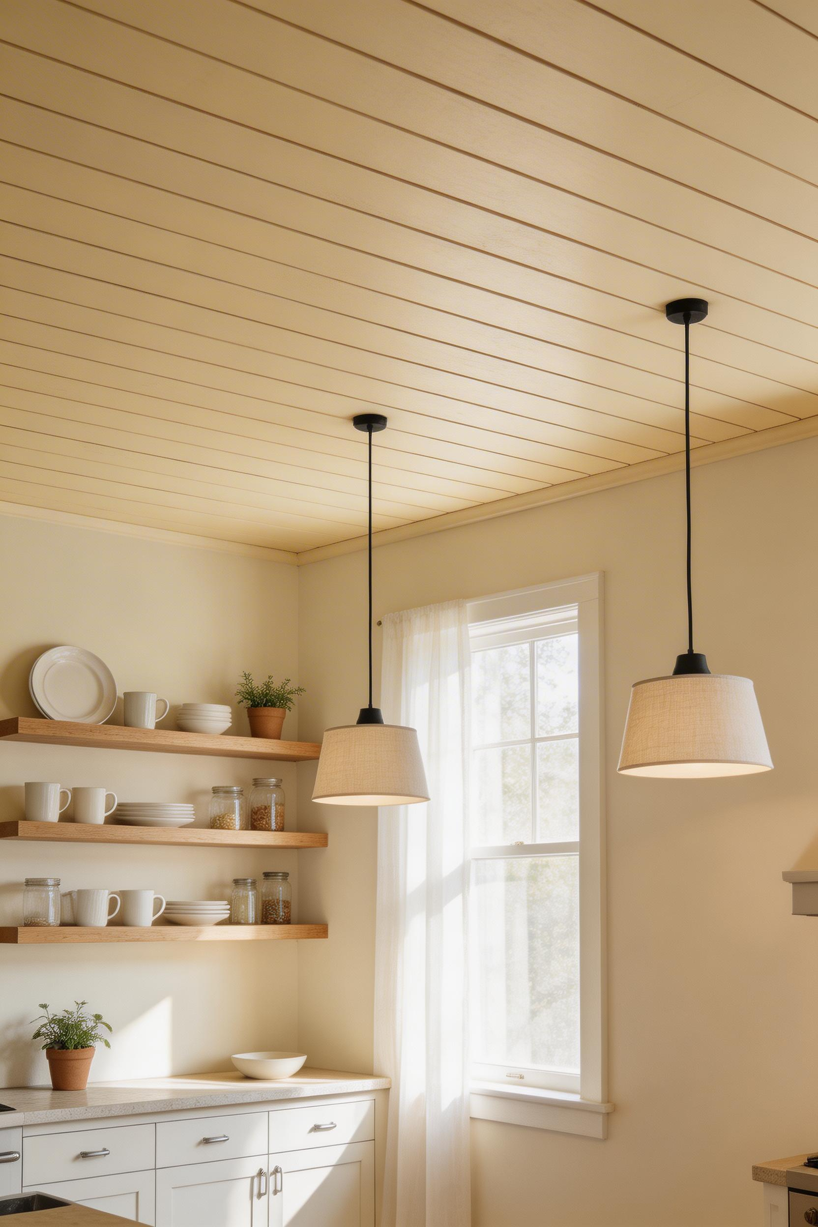 Ceiling treatments in kitchen decorating designs claim the fifth wall as a design surface — here, horizontal shiplap adds texture and warmth without lowering the visual ceiling height.