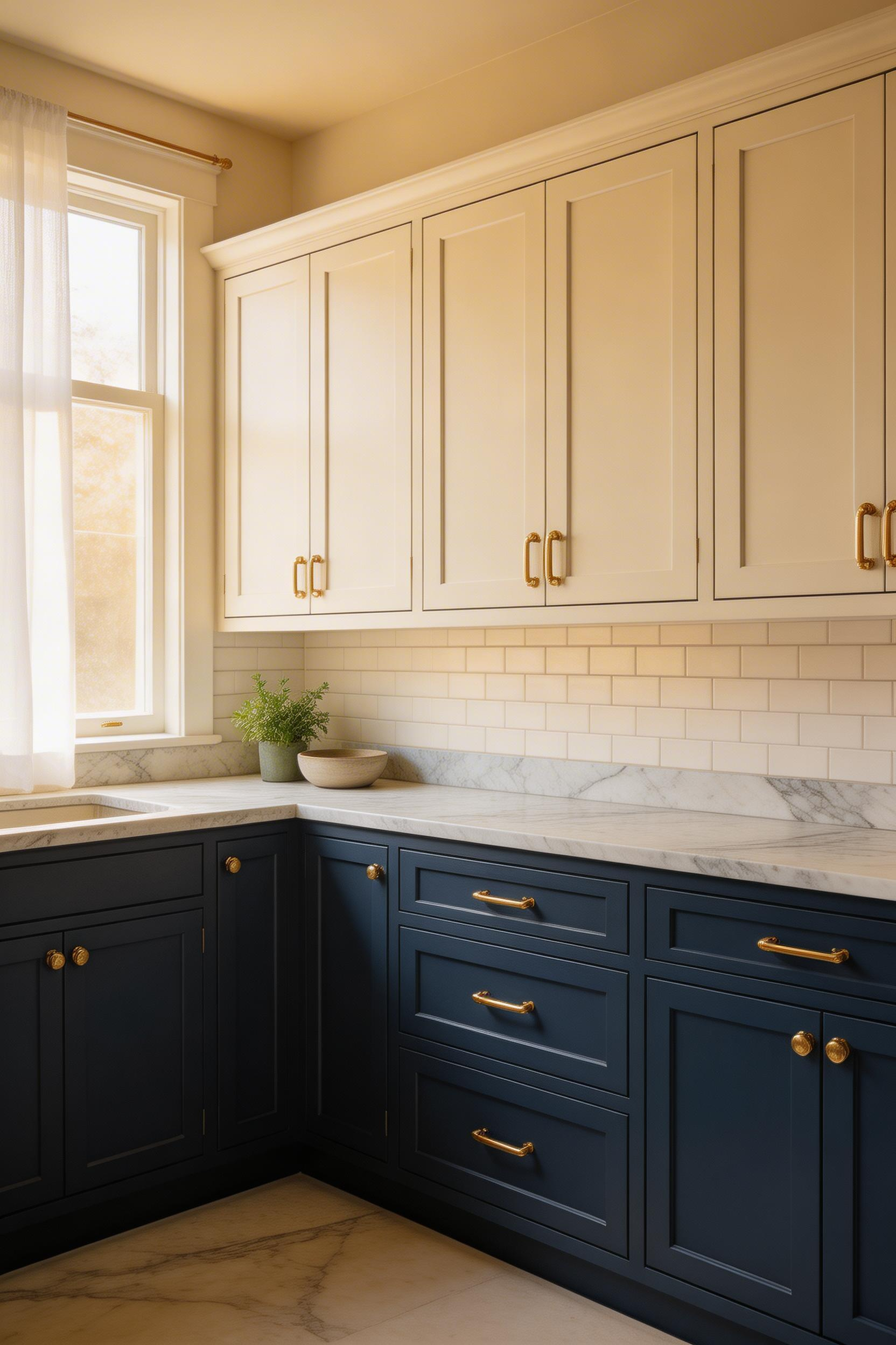 Two-tone kitchen decorating designs balance visual weight by keeping upper cabinets light and lower cabinets grounded in a richer color.