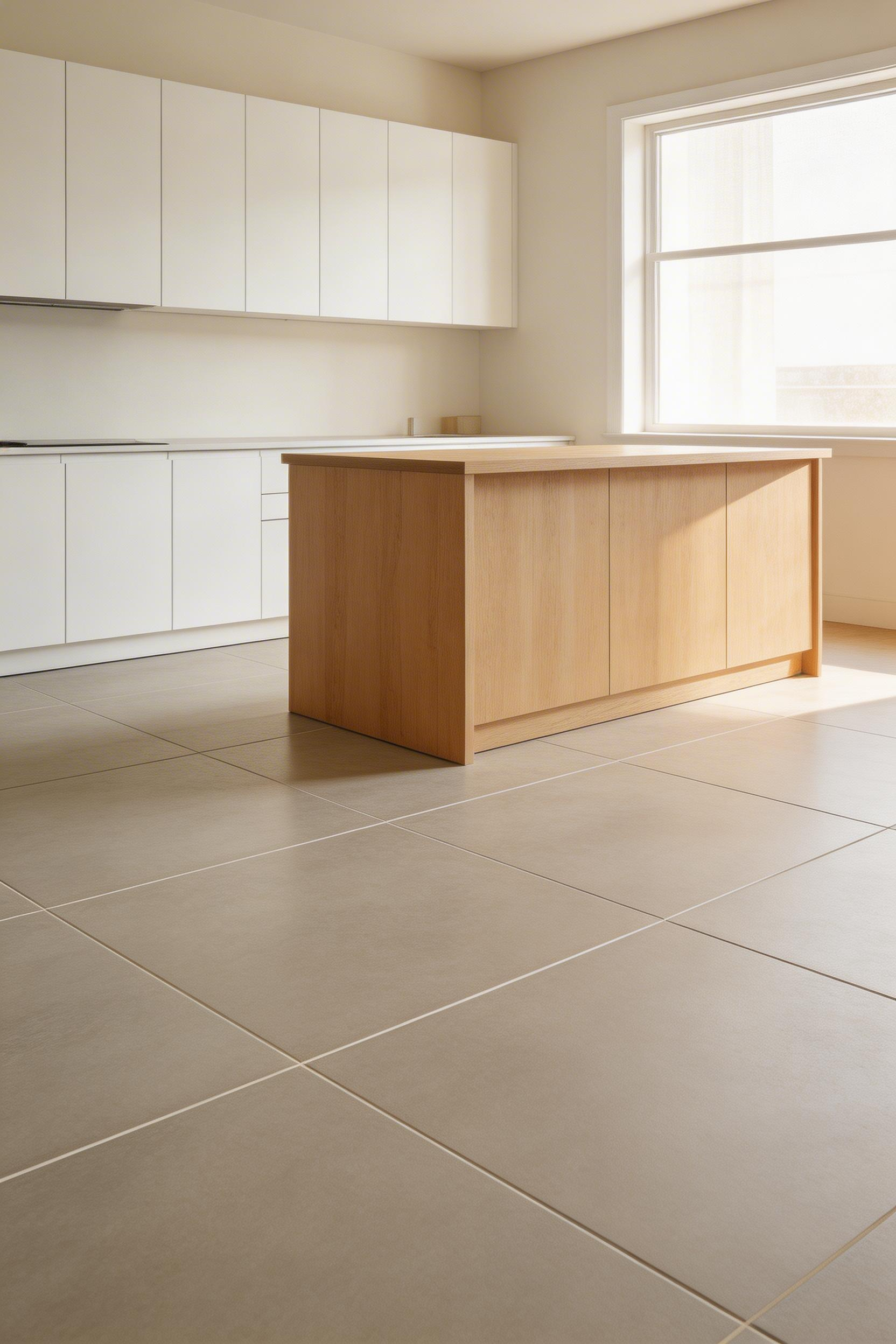 Floor tile in kitchen decorating designs grounds the entire palette — large-format stone-look porcelain achieves the warmth of natural material with practical durability.
