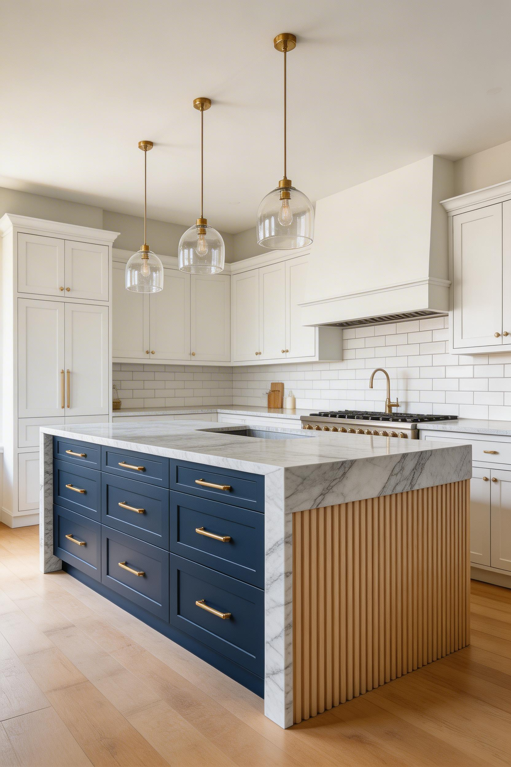 Kitchen island decorating designs with waterfall edges and contrasting finishes create a furniture-like focal point that lifts the whole kitchen's design level.