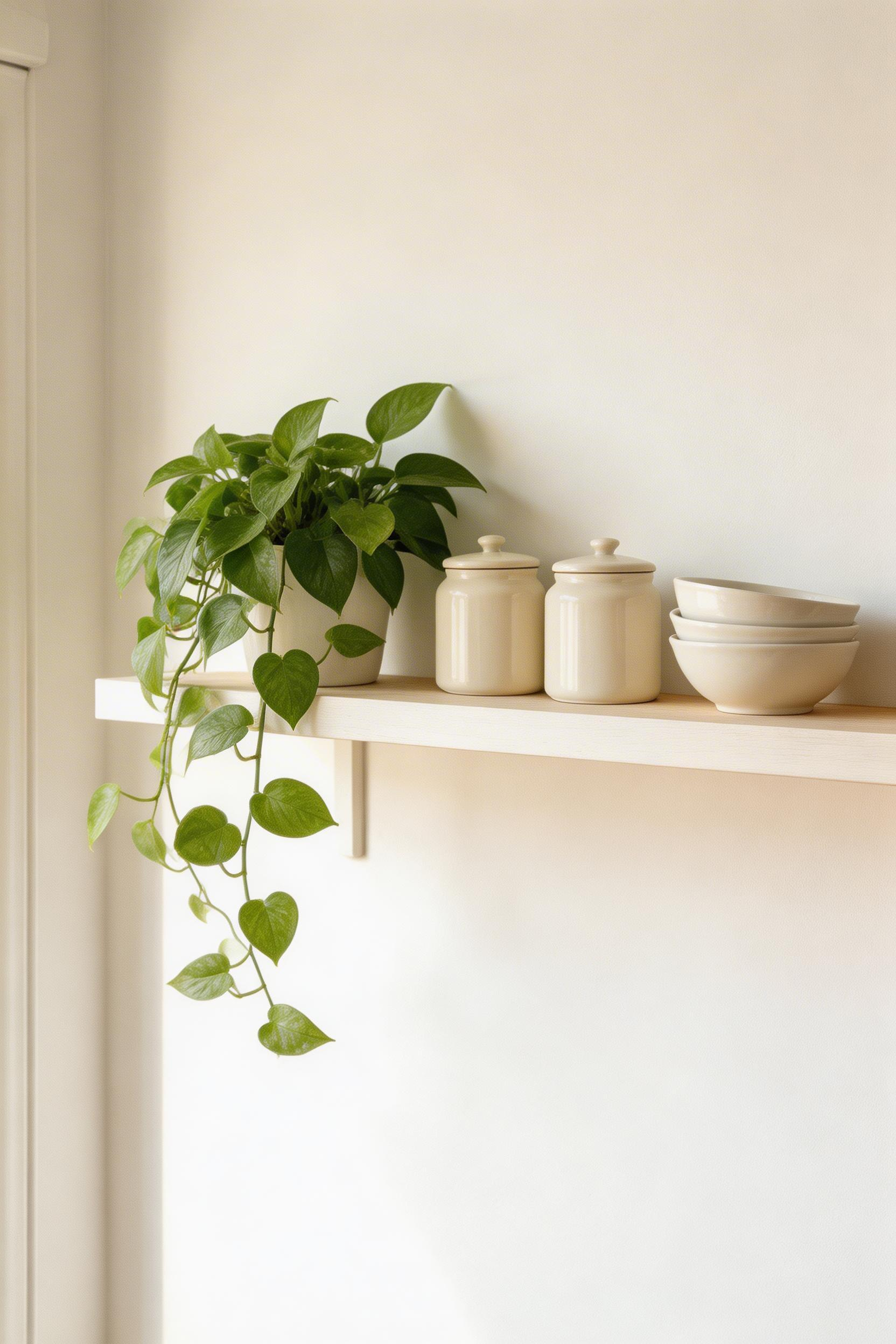 Kitchen decorating designs that use low-light tolerant plants — like this trailing pothos — stay green year-round rather than cycling through the failure of underpowered herb gardens.