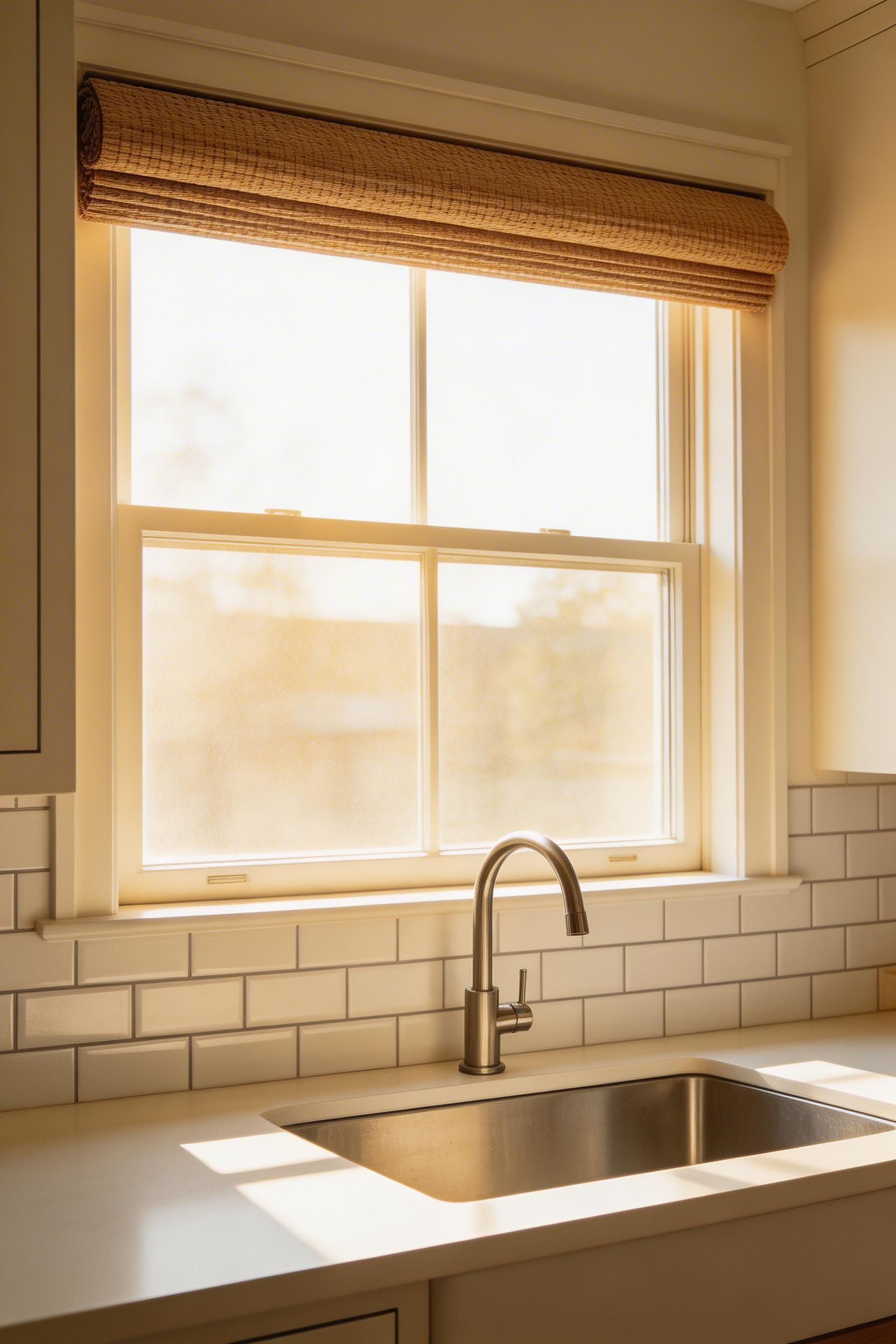 Roman shades in natural woven material provide privacy when needed in kitchen decorating designs while stacking cleanly above the sightline when raised.