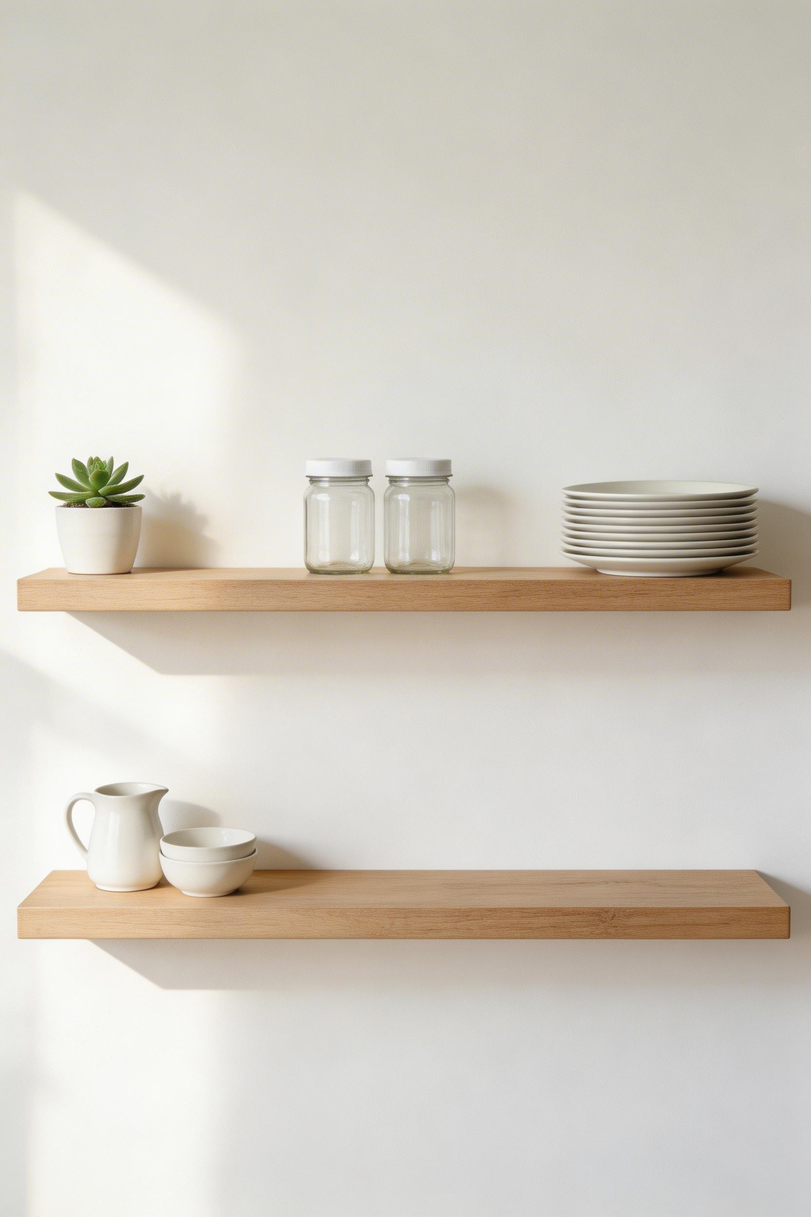Open shelving in kitchen decorating designs works when objects are edited ruthlessly and negative space is treated as a design element in its own right.