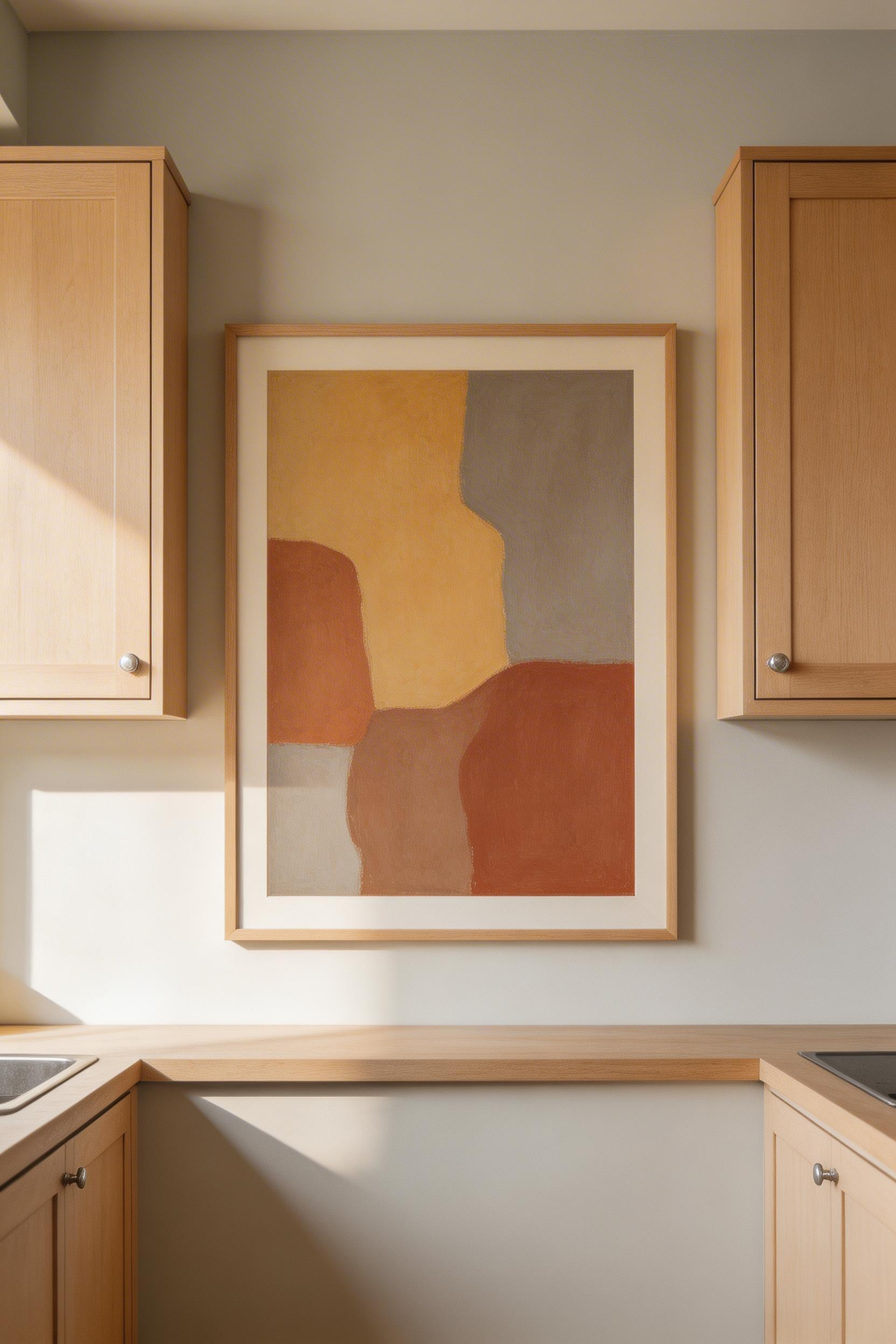 Artwork in kitchen decorating designs works when it's scaled to the wall and tonally connected to the surrounding materials — not when it's chosen as an afterthought.