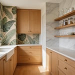 A curated selection of kitchen wallpaper designs — from botanical statements to marble-effect open shelving backdrops, showing the full range of what's possible when wallpaper is treated as a serious surface material.